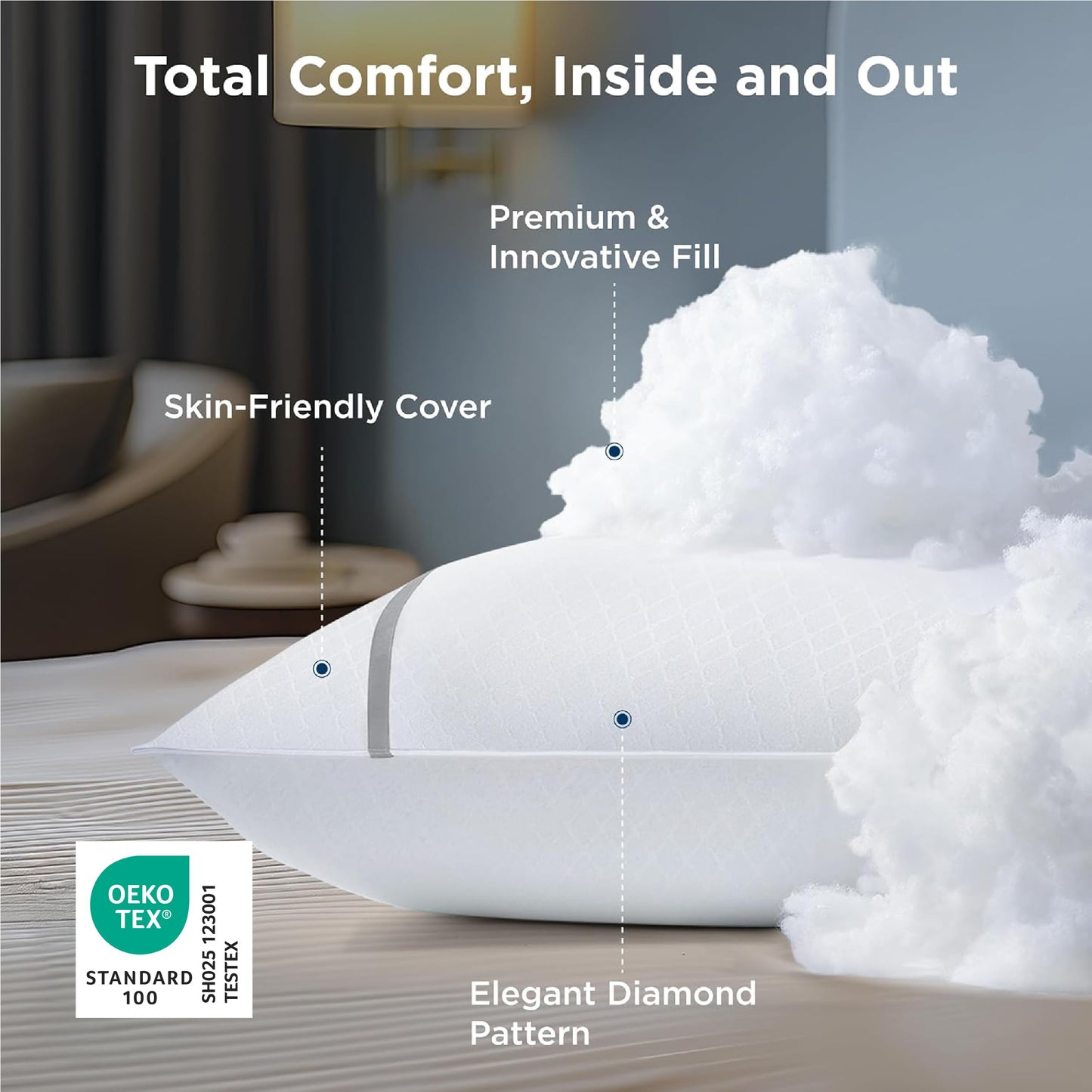 Bedsure Queen Pillows Set of 2, Luxury Hotel Firm Pillows for Sleeping, Decoration Strip Diamond Design Cover, Fluffy Original Down Alternative Filling for Side, Back or Stomach Sleepers