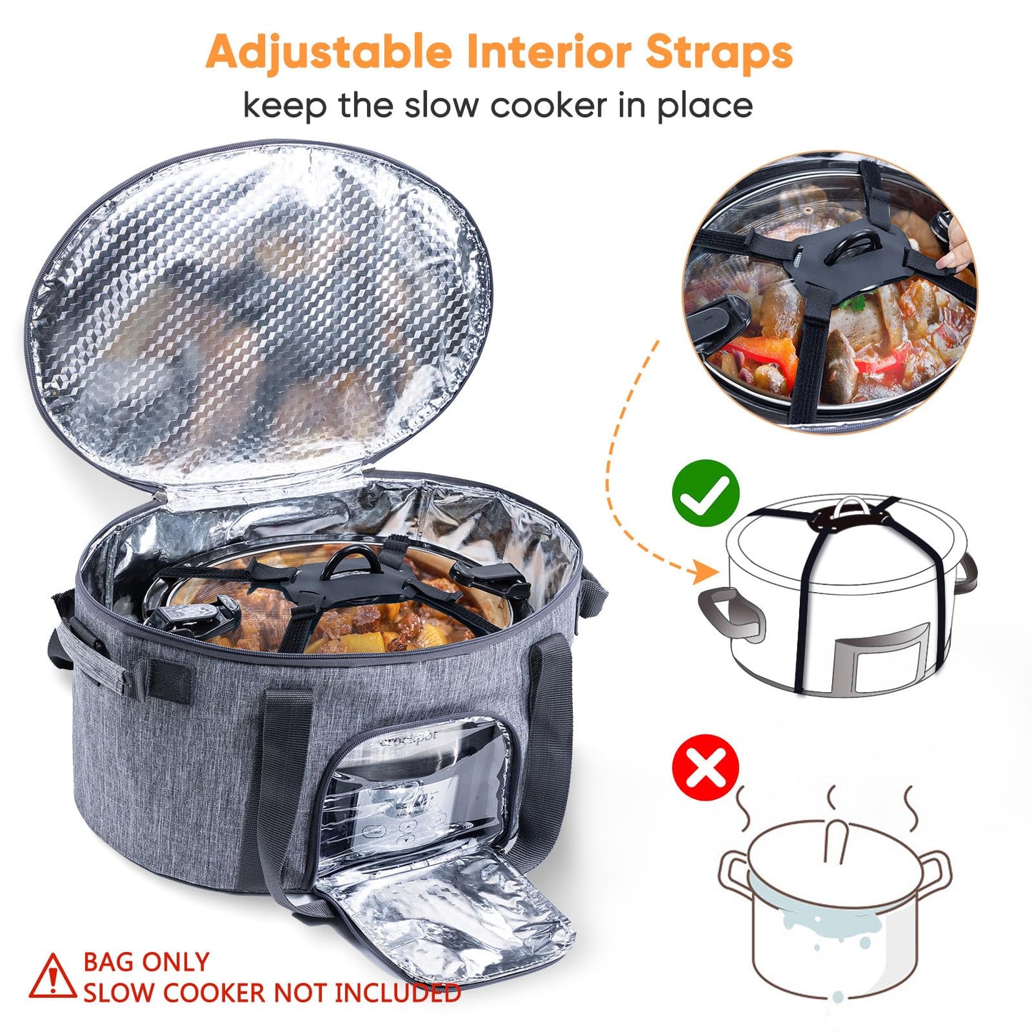 Double-Layer Slow Cooker Carrying Bag for 6-8 Quart CrockPot and Hamlton Beach Slowcooker, Travel Bag with Lid Fastener for Crock-pot, Portable Carrier with See-throught Window(BAG ONLY)