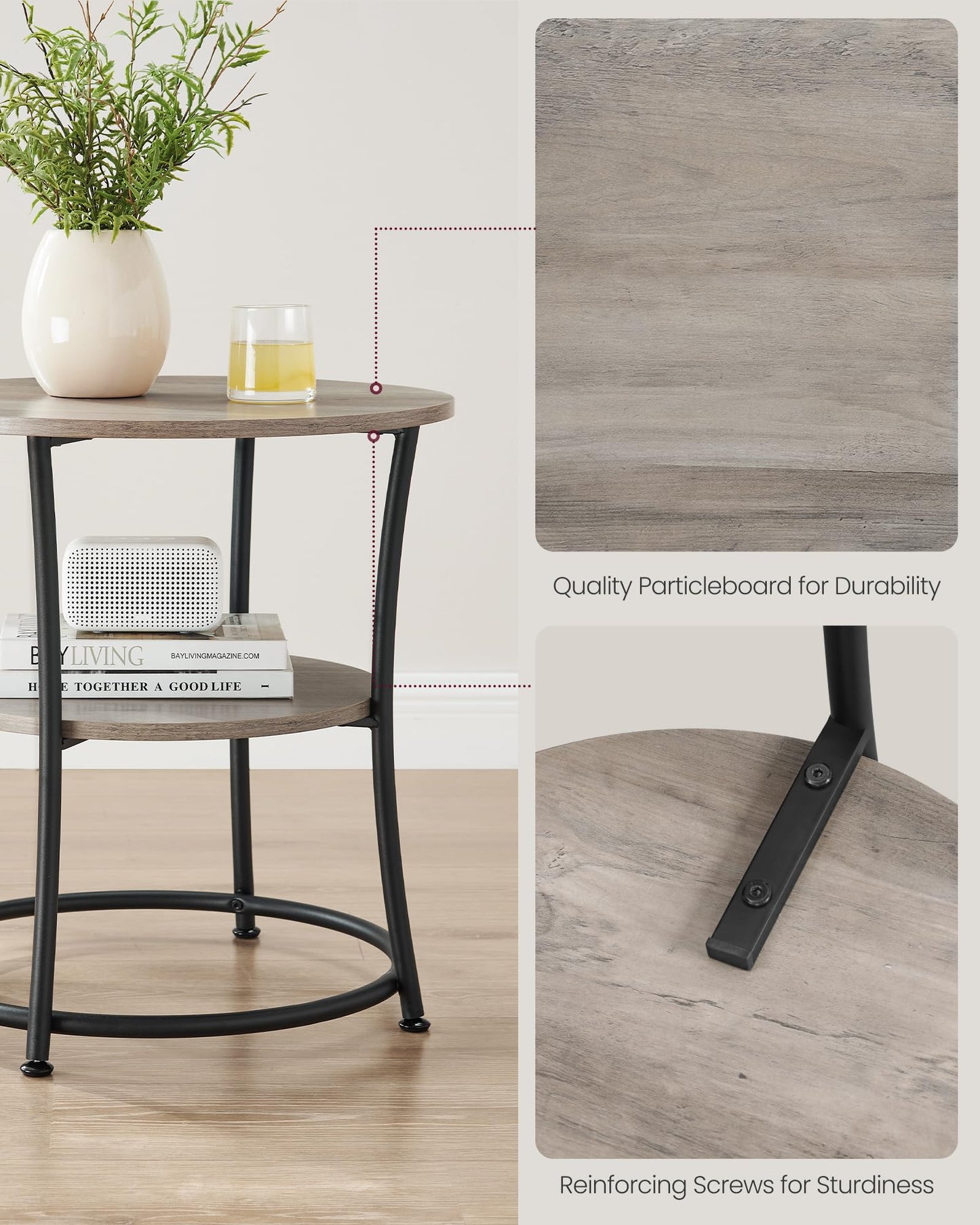 VASAGLE 21.7-Inch Round Side Table, 2-Tier End Table with Power Outlets, Nightstand with Steel Frame, Spacious Top, for Small Spaces, Living Room, Bedroom, Heather Greige and Ink Black ULET077L01