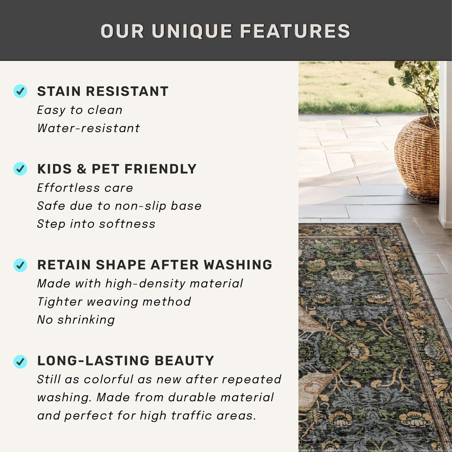 Vintage Runner Rugs for Hallways - 2'6"x8' Wide Kitchen Runners, Entryway Rug, with Flowers and Leaves, Washable Non Slip Low Pile