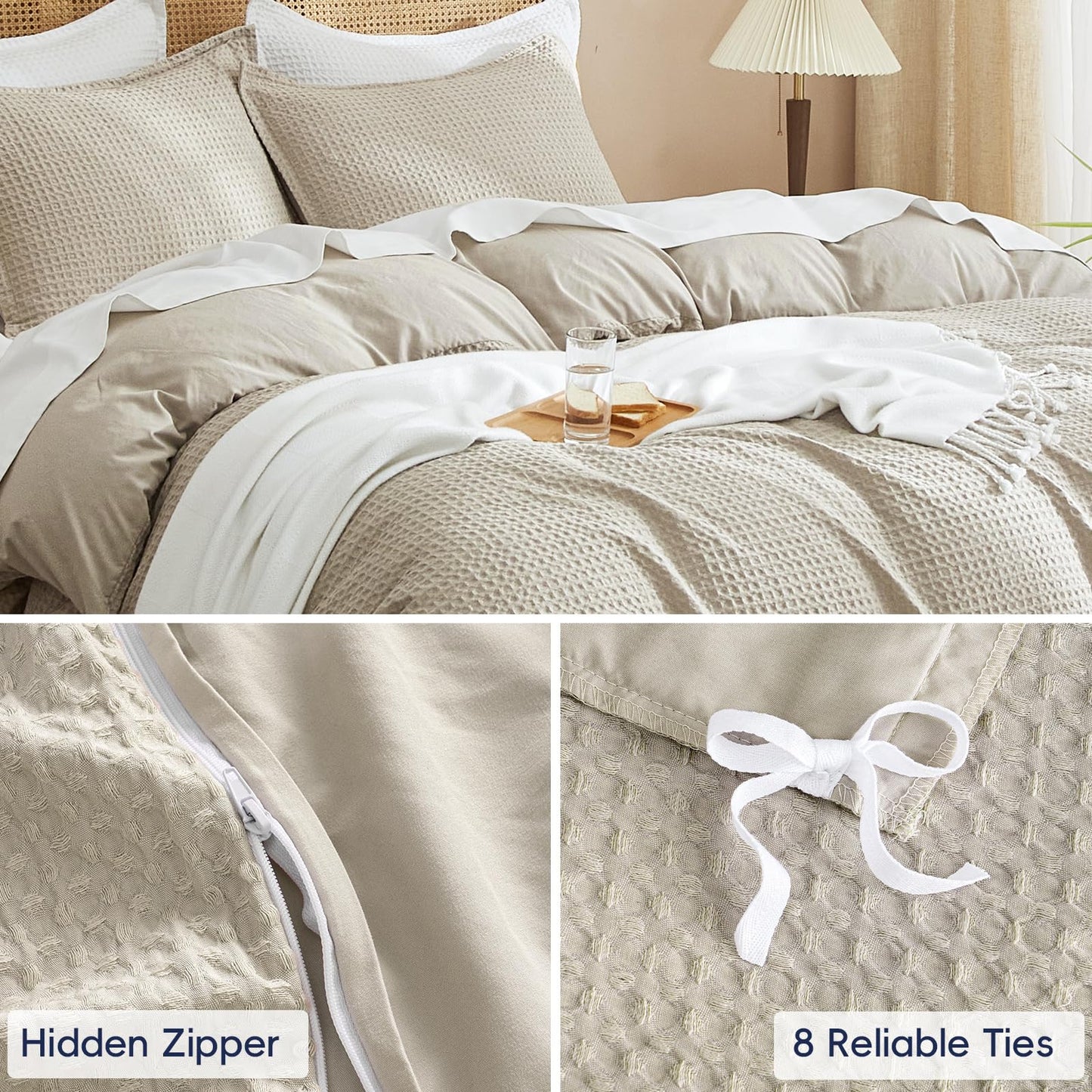 PHF Waffle Weave Duvet Cover Set Queen Size, No Snagging Ultra Soft Luxury Textured Breathable Comforter Cover for All Season 3pcs, Durable Bedding Duvet Set with 2 Pillow Shams, 90"x90", Linen