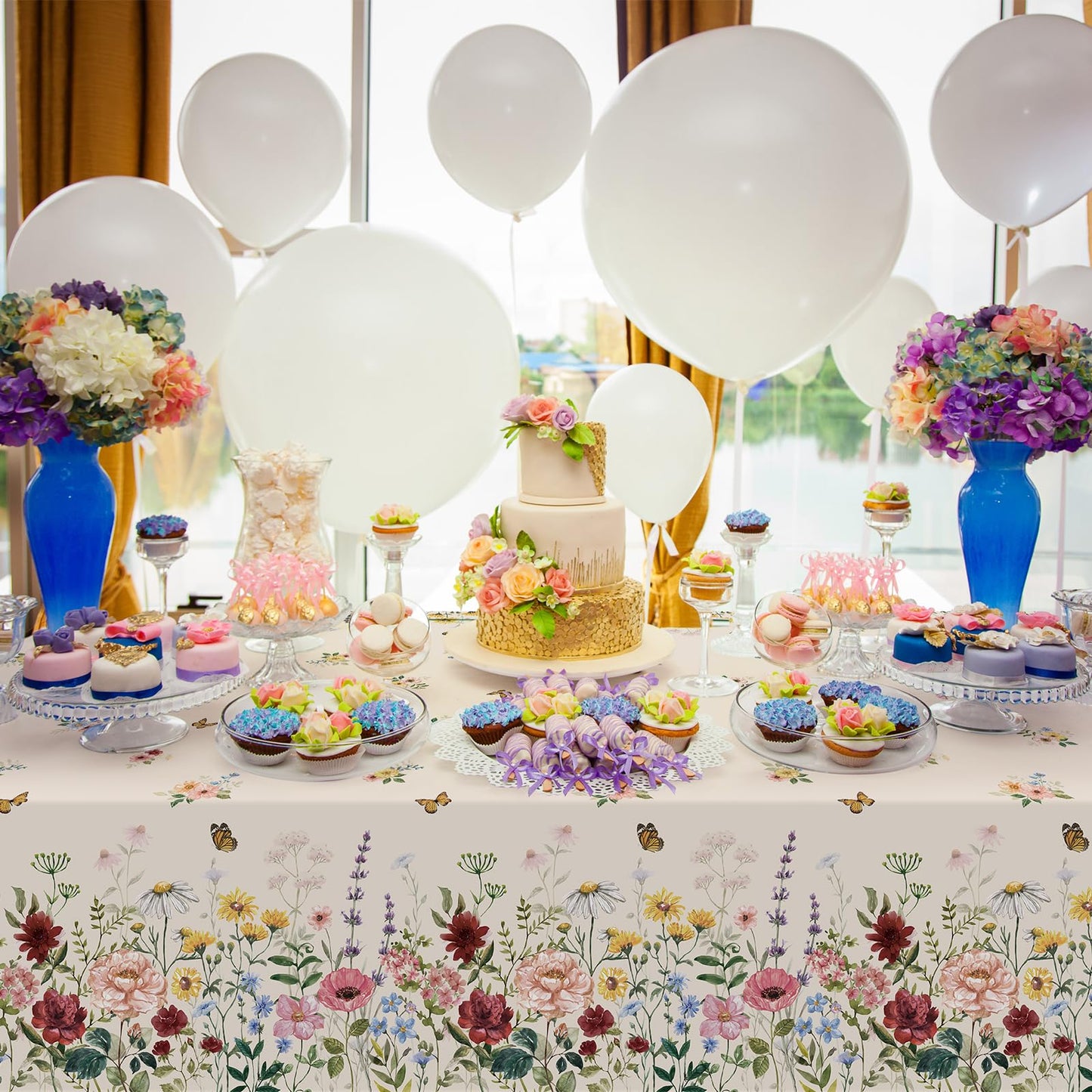12 Pcs Spring Floral Tablecloth, Butterfly Wildflower Plastic Disposable Tablecloth Rectangle Table Covers for Easter, Birthday, Wedding, Mothers Day Tea Party Supplies and Decorations,54 x 108 Inch