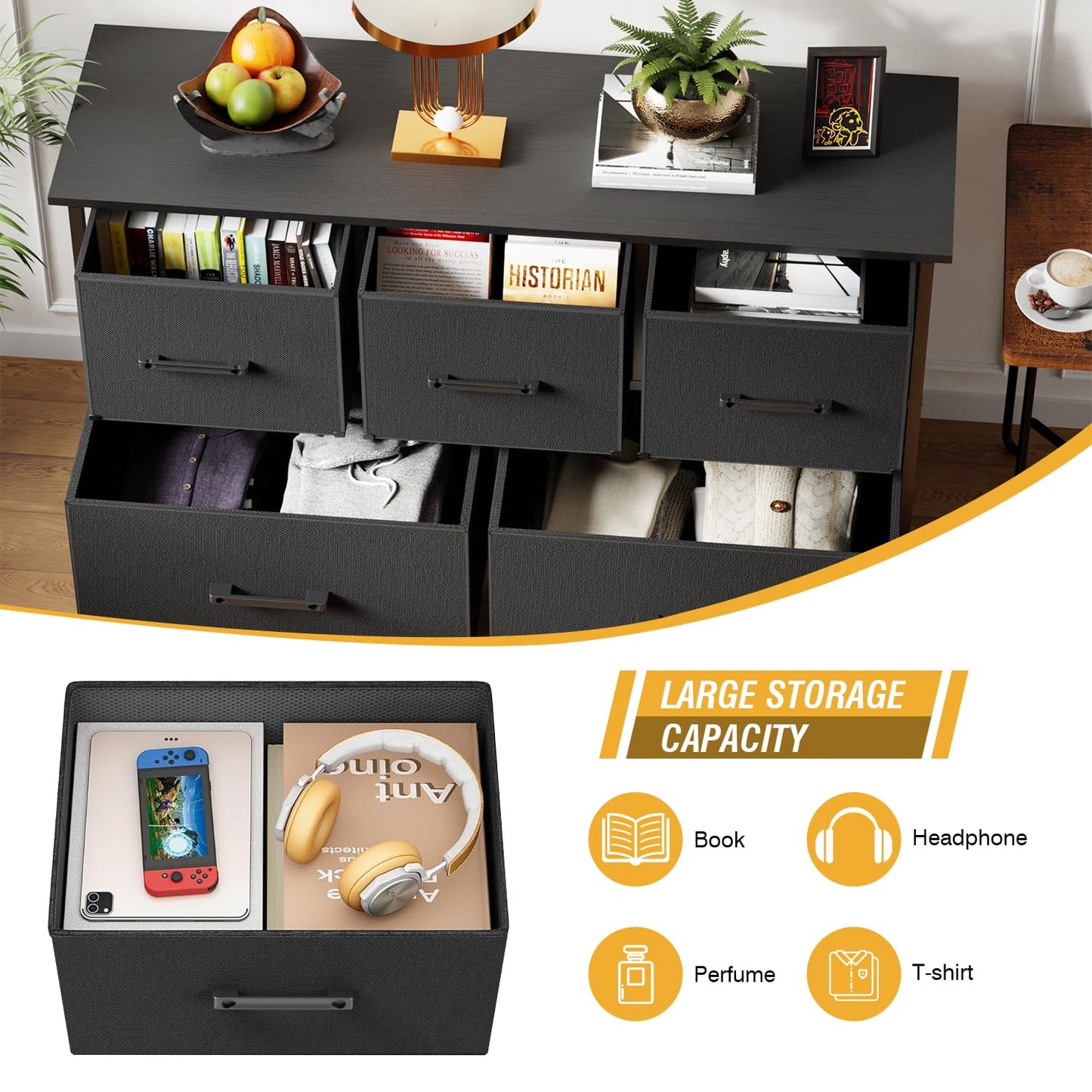 FDW 5 Fabric Drawers Dresser for Bedroom,Chest Organizer Units with Steel Frame and Wooden Top for Bedroom,Closet,Living Room, Entryway,Black