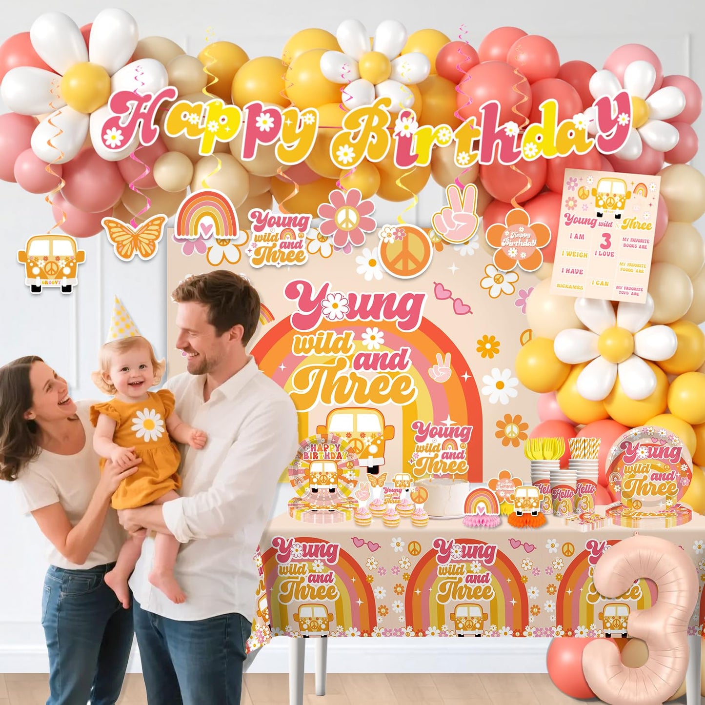 263pcs Young Wild and Three Party Decorations, Boho Groovy Daisy 3rd Birthday Decorations for Girls with Balloon Arch Tableware Backdrop Banner Tablecloth Cake Topper Balloon Box, Etc. Serves 20