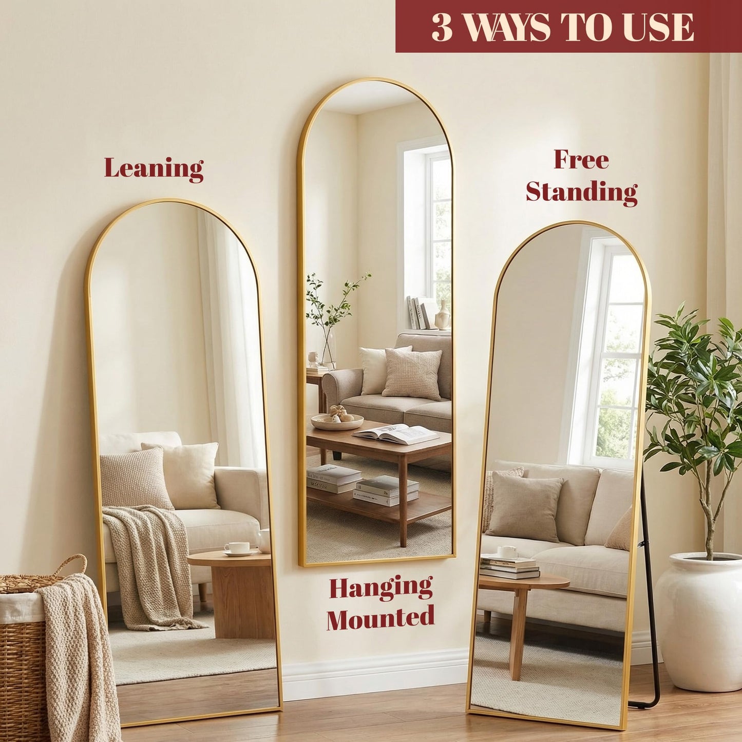 Suidia 56"x14" Arched Full Length Mirror with Stand, Full Body Mirror with Aluminum Frame, Freestanding/Leaning/Wall-Mounted, Floor Mirrors for Bedroom, Living Room, Entryway, Dressing Room, Gold