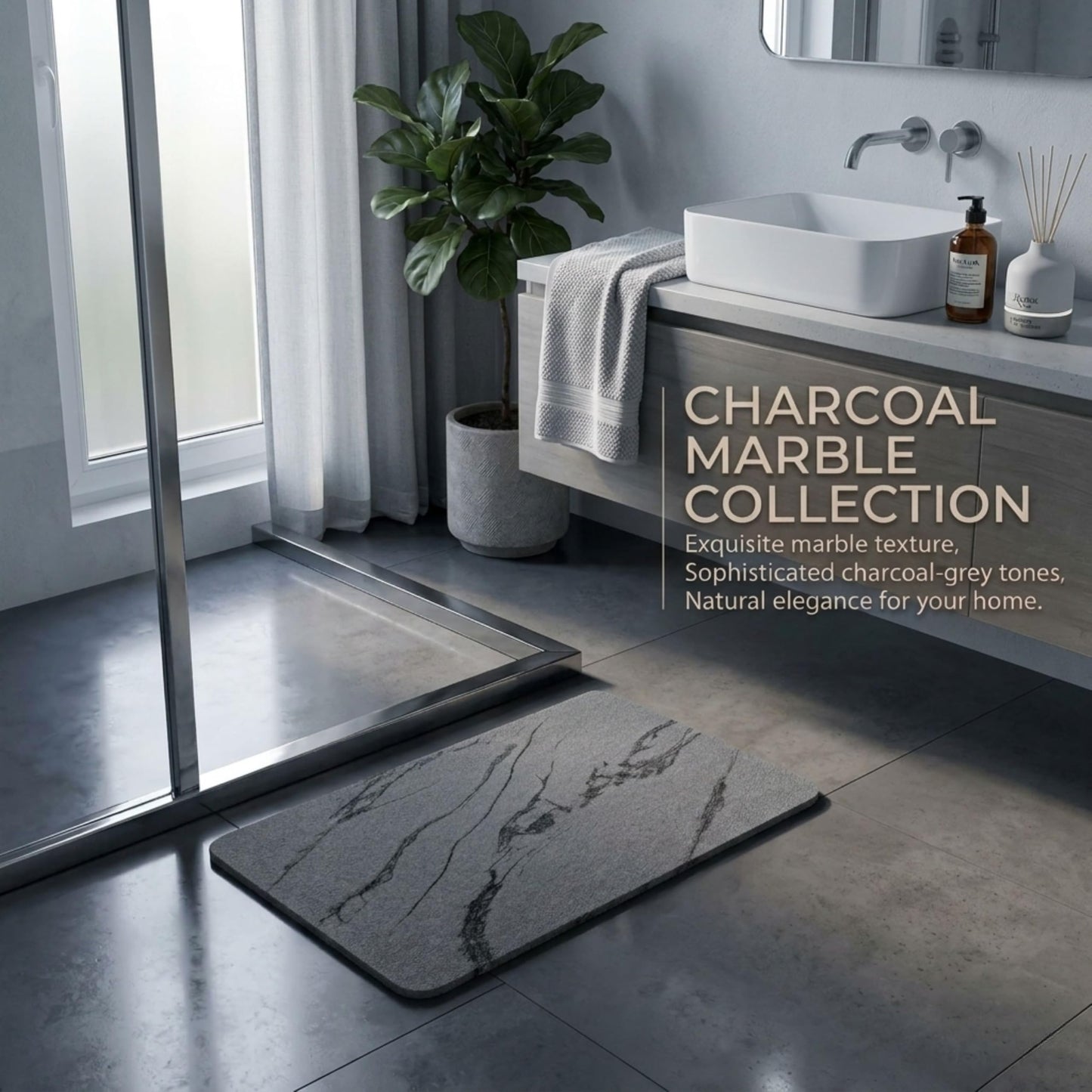 Pebble Nest Stone Bath Mat – Diatomaceous Earth Quick Drying Non-Slip Bathroom Mat – Absorbent Diatomite Shower Mat, Durable & Easy to Clean, Modern, 23.6" x 15.3" (2 Pack Charcoal Black - Marble)