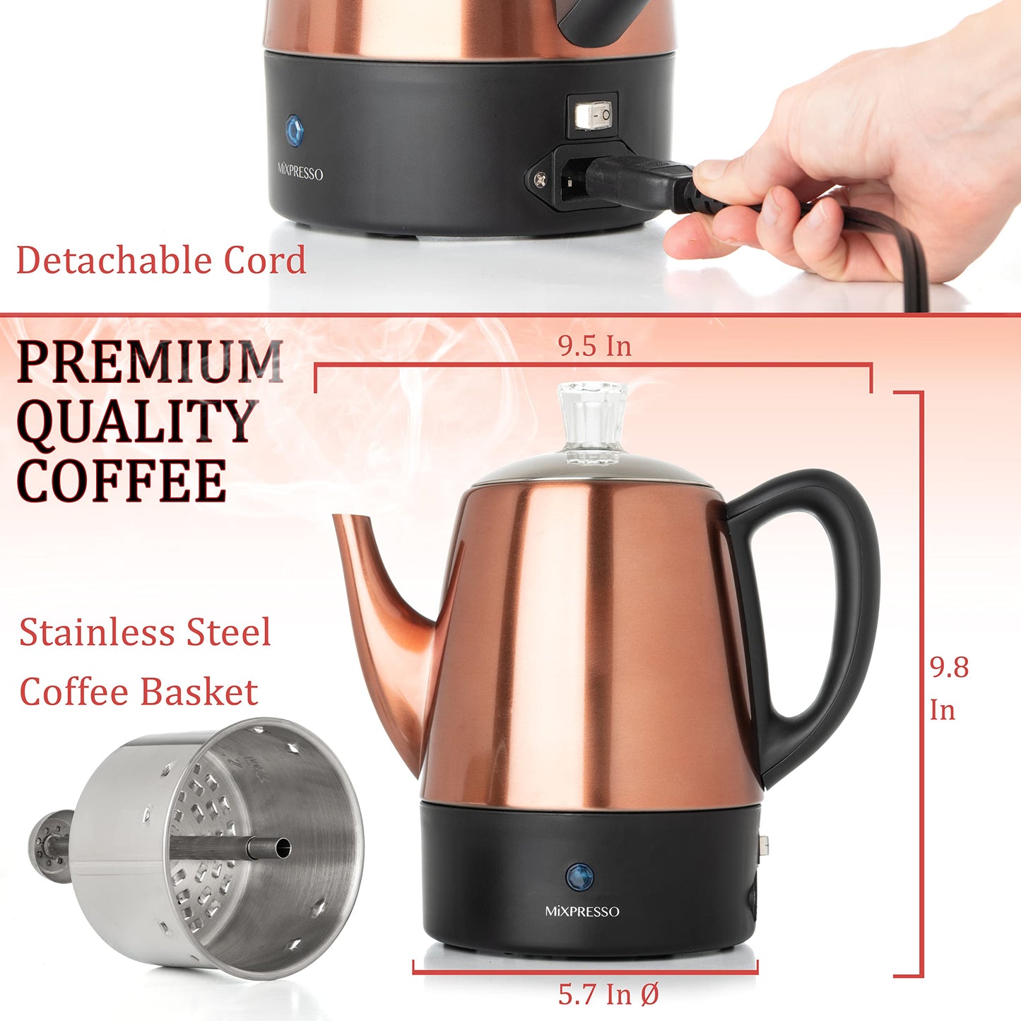 Mixpresso 4 Cup Percolator Coffee Pot Electric, Copper Stainless Steel Coffee Percolator Electric With Keep Warm Function, Classic Perculator Pot With Removable Basket for Home or Office