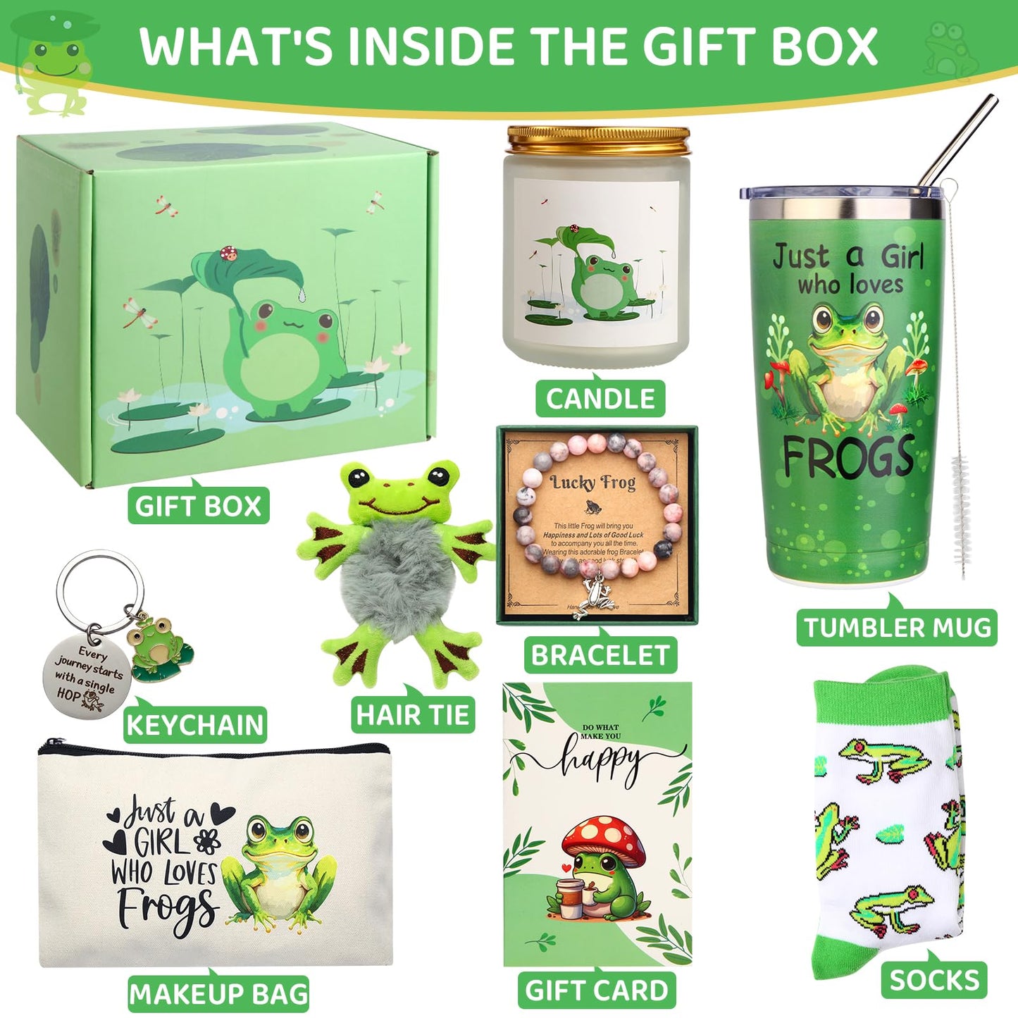 Bayelove Frog Gifts for Women Frog Lovers Stuff Gifts Include Hair Tie 20oz Tumbler Mug Keychain Makeup Bag Socks Bracelet Card for Women Christmas Birthday