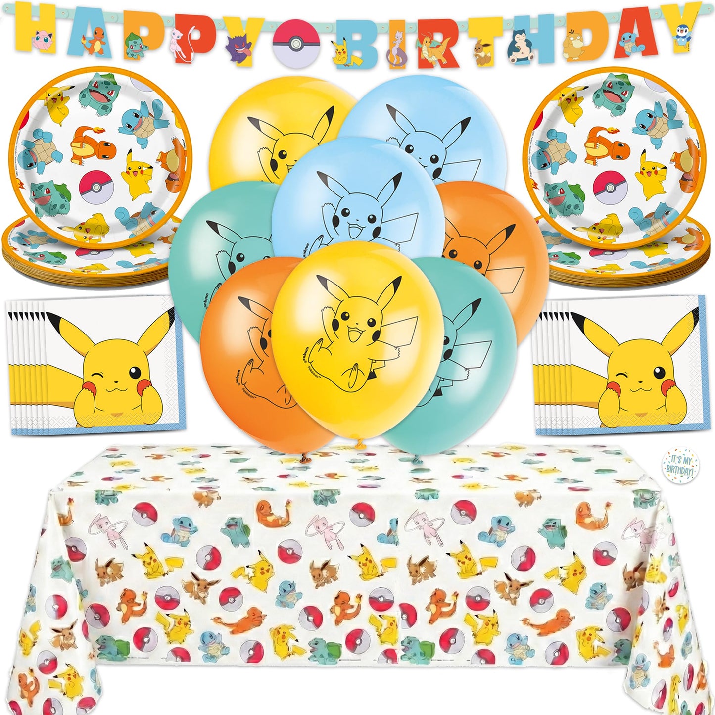 Pokemon Birthday Decorations Party Supplies for 16 - Officially Licensed Balloons, Tablecloth, Cake Plates, Napkins, Sticker