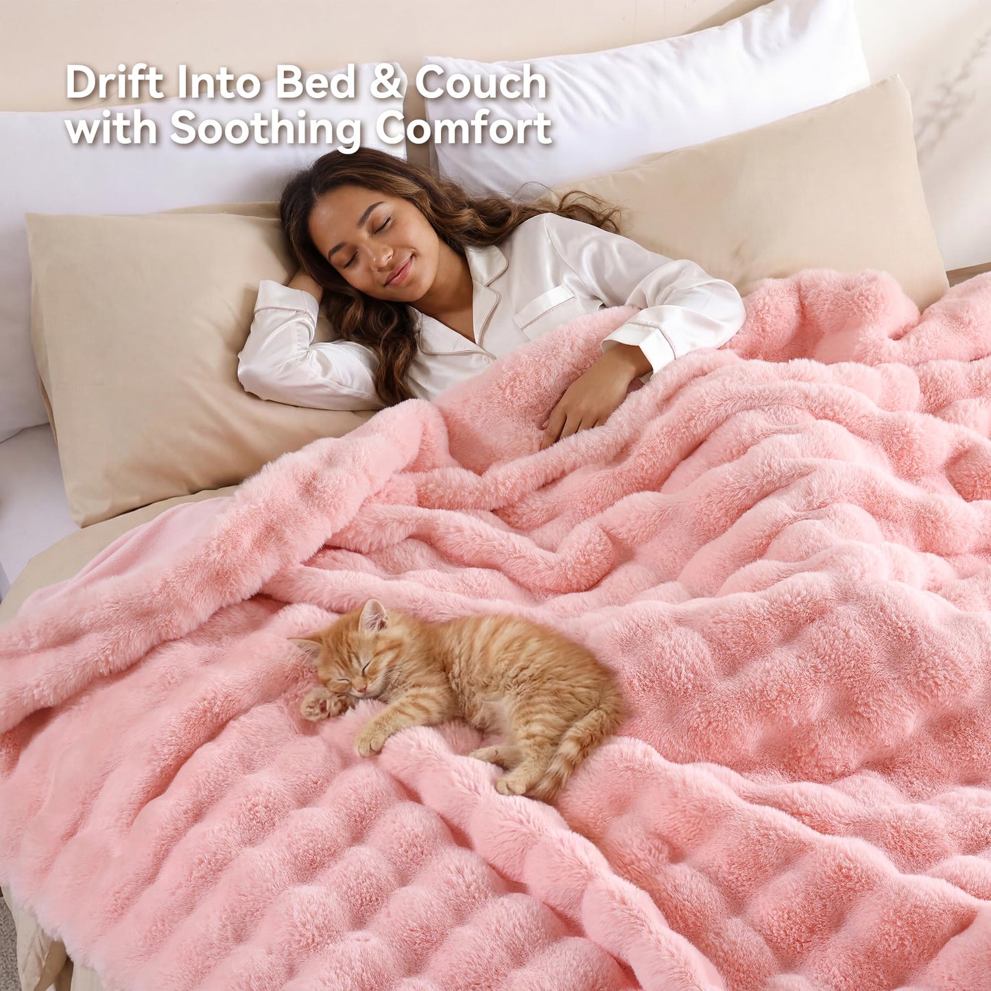 Smoofy Faux Fur Throw Blanket for Couch - Blush Pink Super Soft Cozy Bubble Blanket, Fluffy Plush Fuzzy Throw for Sofa & Bed, Thick Lightweight Warm Blanket, Luxury Aesthetic Gift for Women 60"x80"