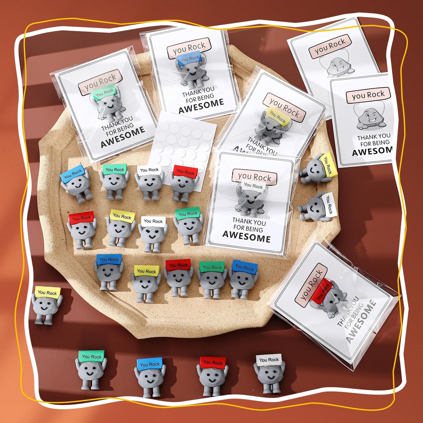 Gejoy 50 Set Mini Rock Figurines Gifts Miniature Positive Party Favors Emotional Support Mini Rubber Toys with Inspirational Card Bag Small Animal Statue for Colleague Staff Coworker Gifts