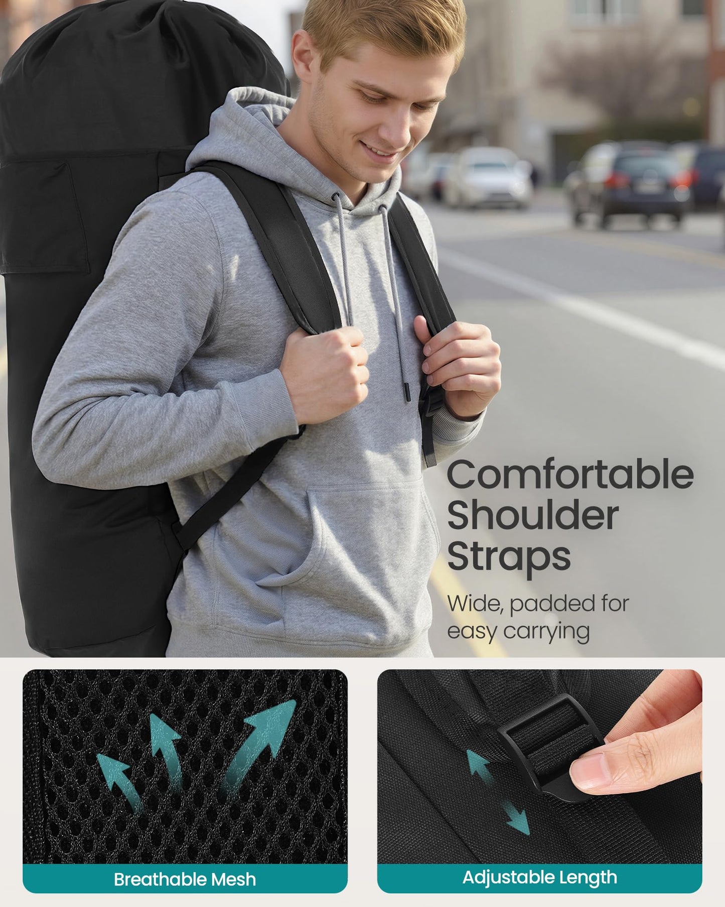 SONGMICS Laundry Bag with Stand, Laundry Backpack 31.7 Gallons (120 L), Heavy-Duty, Large with Extendable Top, Oxford Fabric, Wide Shoulder Straps and Flap Pocket, Ink Black ULCB102BH01