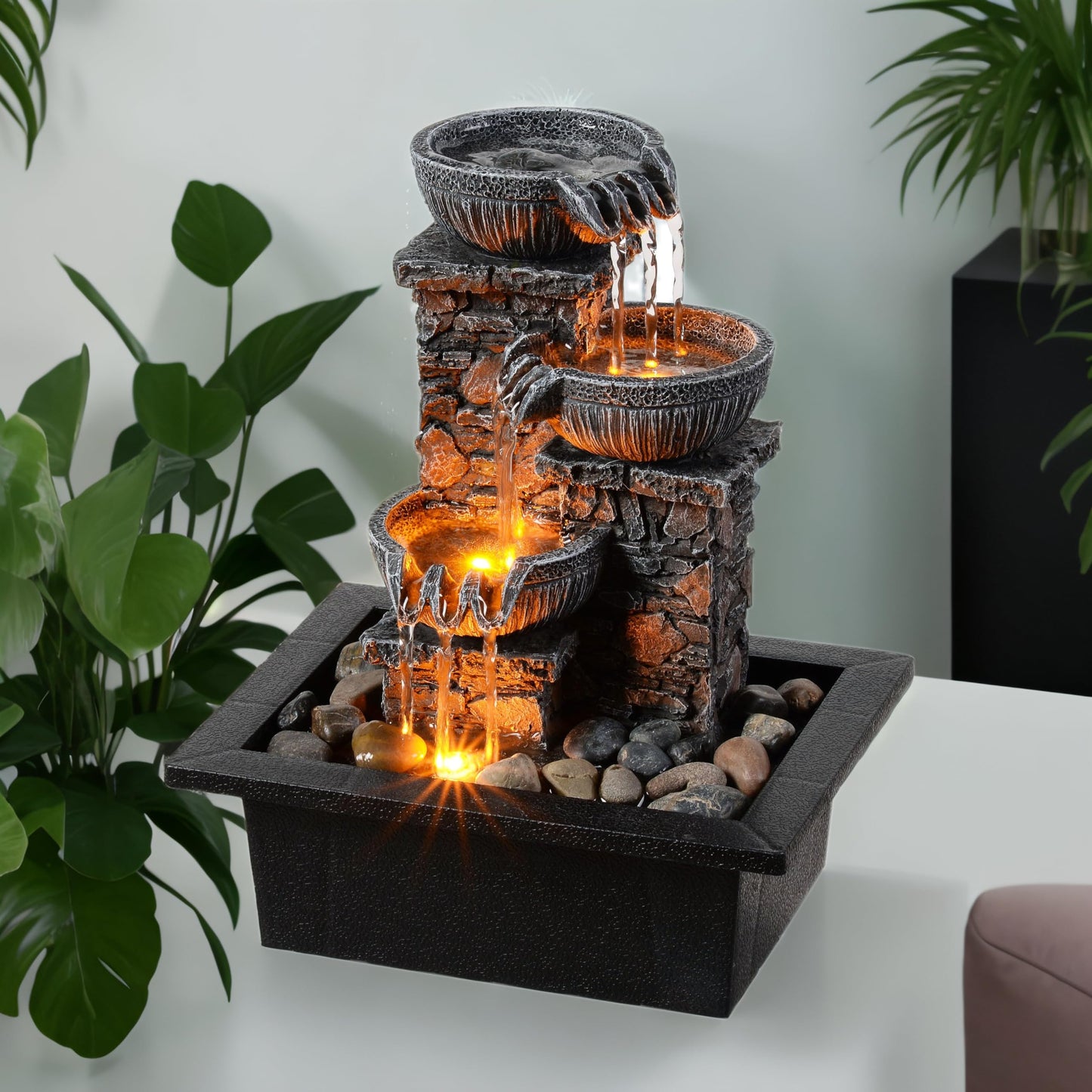 Kalona Tabletop Fountain 3 Bowls with LED Light Soothing Water Flowing Sound Fountain Zen/Meditation Home/Office Decor Home Décor Relaxation Indoor (23113)