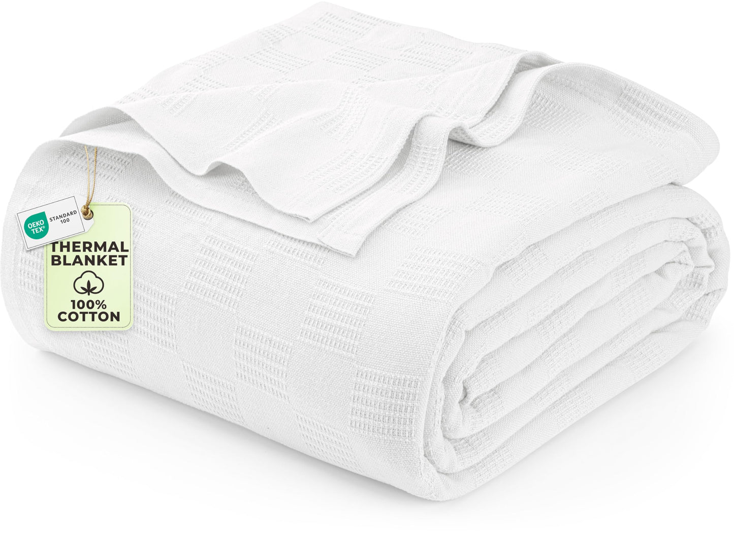 Utopia Bedding 100% Cotton Thermal Blanket White Queen Size Soft, Lightweight, Breathable, Cozy Spring and Summer Blankets for Bed, Home Room Decor Gifts for Women and Men (90x90 Inches)