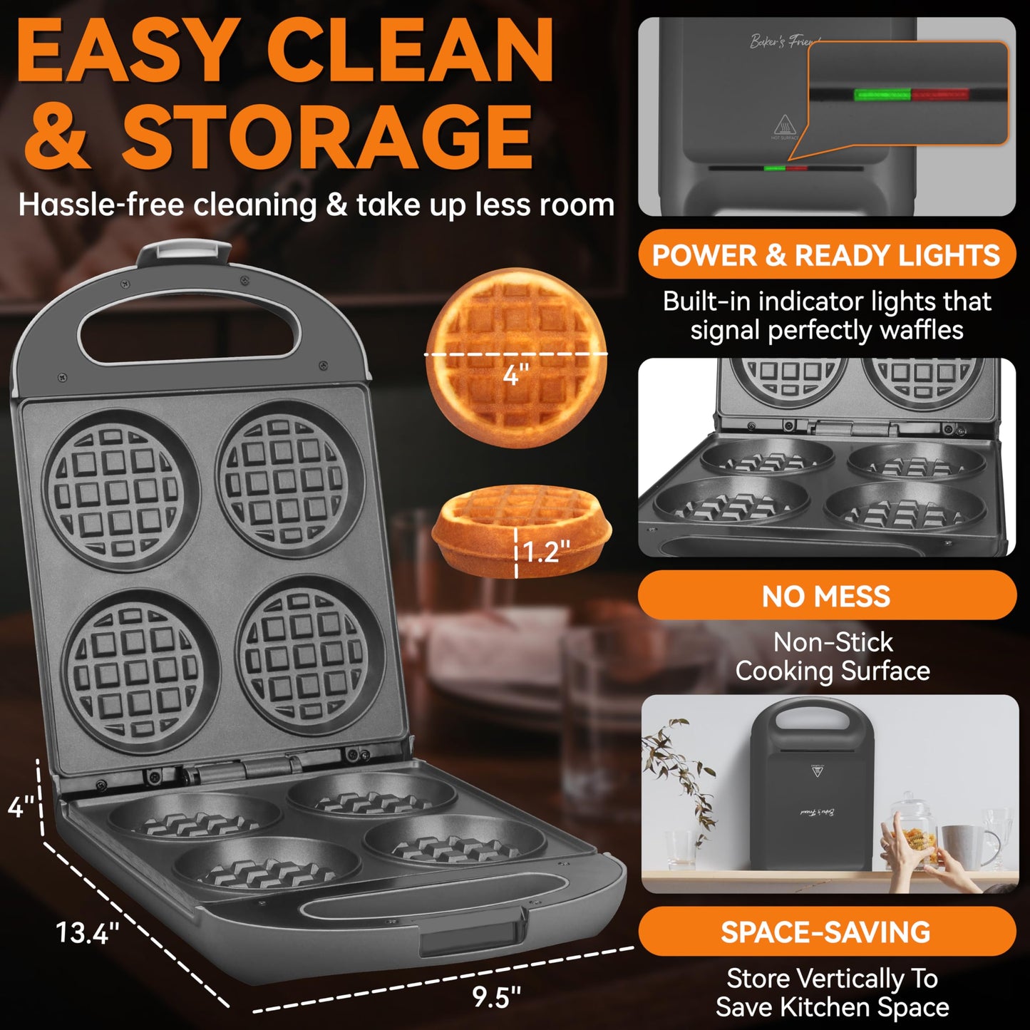 Baker's Friend Multi Stuffed Waffle Maker Thick, 4-Slice with 1.2'' Thick & 4'' Dia, Belgian Mini Waffle Maker Flip, Nonstick Breakfast Sandwich Maker, Stuffed Waffle Iron, Graphite