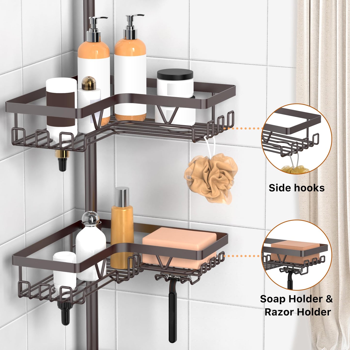KEGII 4-Tier Corner Shower Caddy Tension Pole - Waterproof Shower Rod Organizer, Floor to Ceiling Tension Rod 25-114.2 inch, Stainless Steel Corner Shower Shelf, Bronze