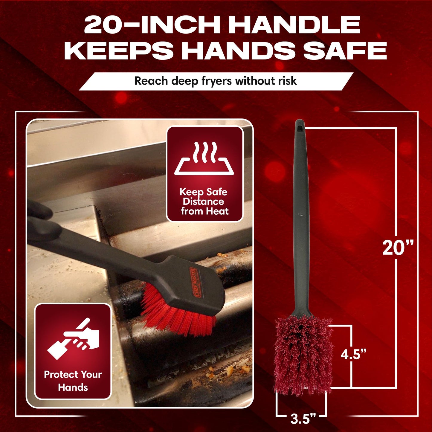 20" Deep Fryer Cleaning Brush by FryOilSaver Co., Up to 425F High Heat Resistant Pot Cleaning Brush for Kitchen Deep Fryers, Griddle, Grills, Ovens & Waffle Maker for Food Service & Restaurant - 90049