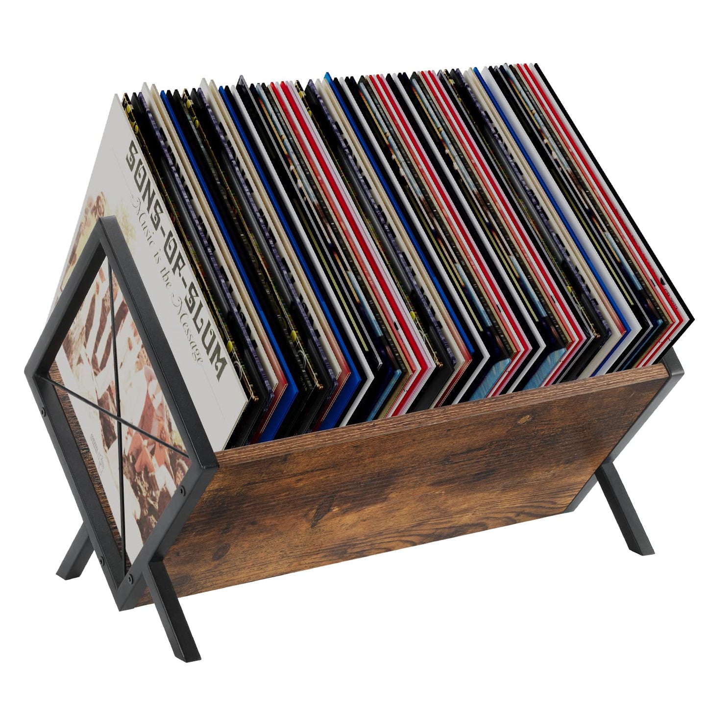 YINMIT Vinyl Record Holder, 80-100 LP Vinyl Record Storage Rack, Quick Assembly Vinyl Record Display, Retro Style Organizer for Magazine, Book, Files, Albums (Rustic Brown, 1 Tier)