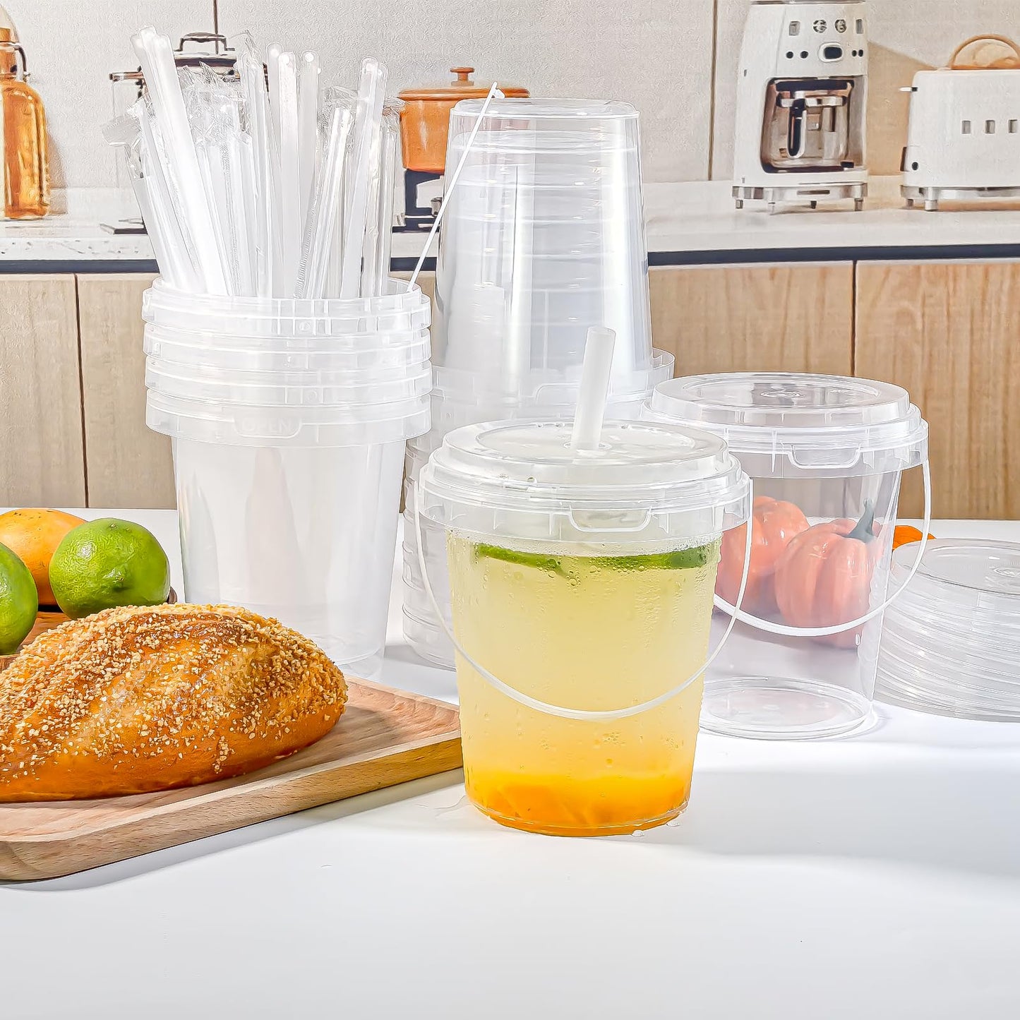 Qsqwsuye Set of 60 Large Plastic Cups with Lids and Straws 34oz Disposable Coffee Cups Clear Cups for Drinks Packs and Takebacks