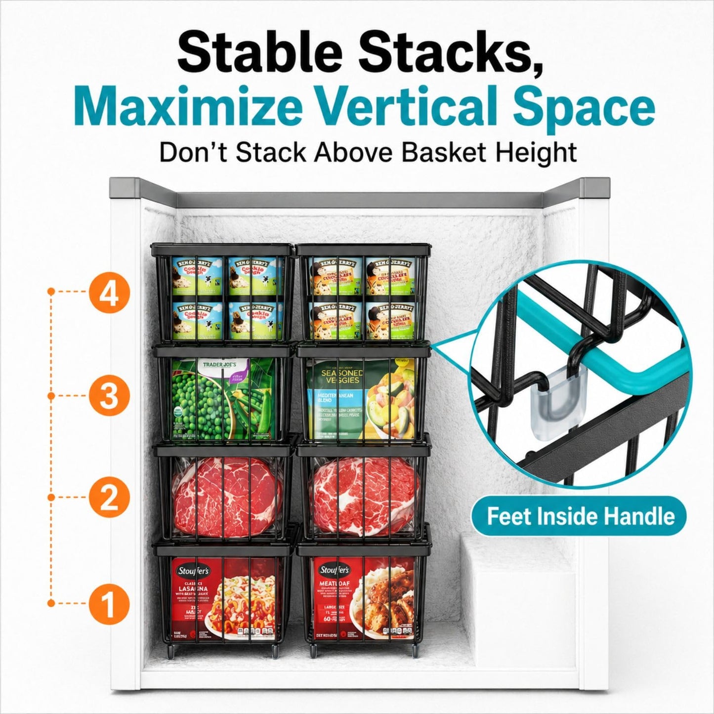 iSPECLE Chest Freezer Organizer Bins - Fits 7 Cu.Ft Deep Freezer, 6 Pack Stackable Wire Baskets(14.7" Length), Heavy Duty Coated Freezer Organizer, Rust Resistant for Frozen Food Sorting, Black