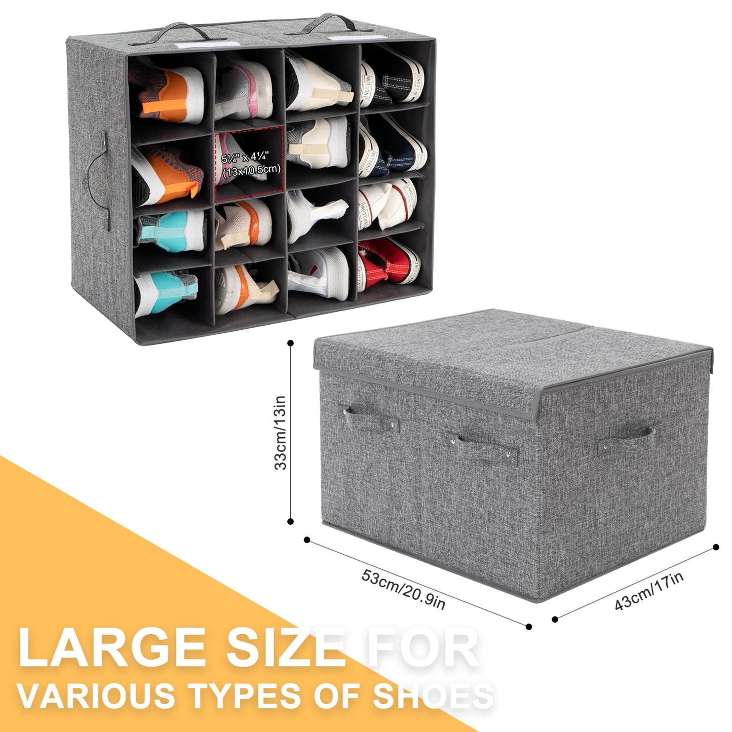 FBBABB 2 Pack Shoe Storage Box Fits 32 Pairs, Large Shoe Organizer with Lid and Adjustable Dividers for Closet, Shoes, Sneakers and High Heeled, Foldable and Stackable (Grey)