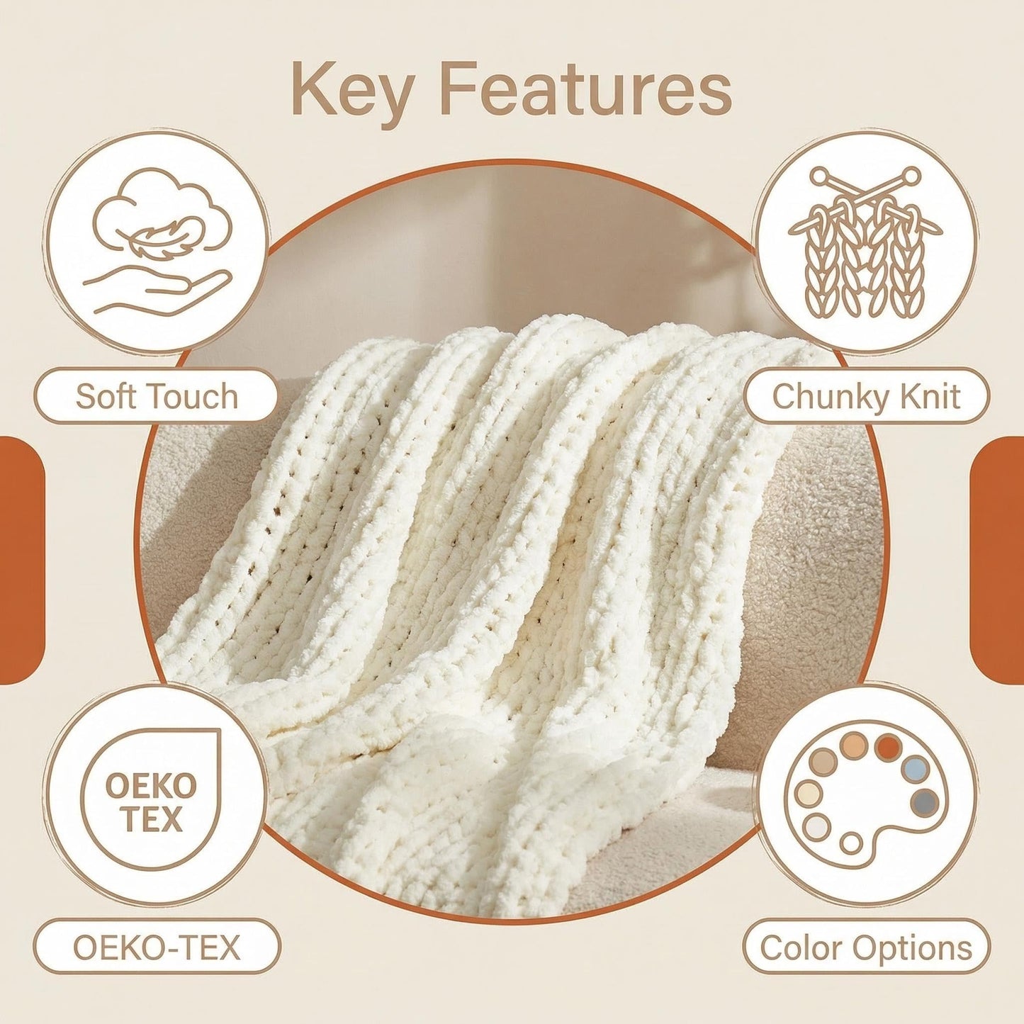 Amélie Home Chunky Knit Throw Blanket for Couch, Soft Chenille Handmade Crochet Throw Rope Knot Blanket for Children, 40"x50", Ivory