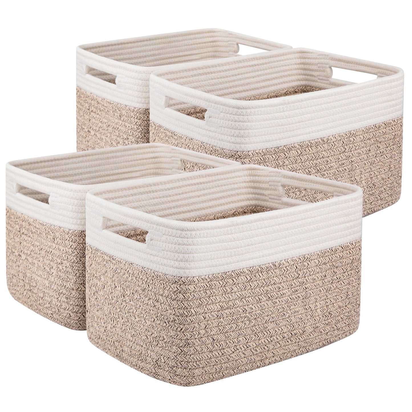 OIAHOMY 4 Pack Storage Baskets for Organizing, Basket for Shelves with Handle, Woven Baskets for Storage Toys, Towels, Books, Cotton Rope Basket 13" L x 9 " W x 7.8 " H, Brown & White