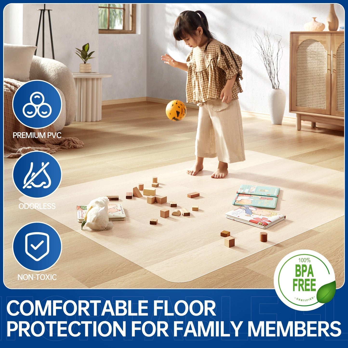 Naturei Office Desk Chair Mat for Hardwood Floors, 53" x 45" Clear Floor Protector Mat Under Desk, Large Anti Slip Plastic Chair Mat, Easy Glide, Rectangular