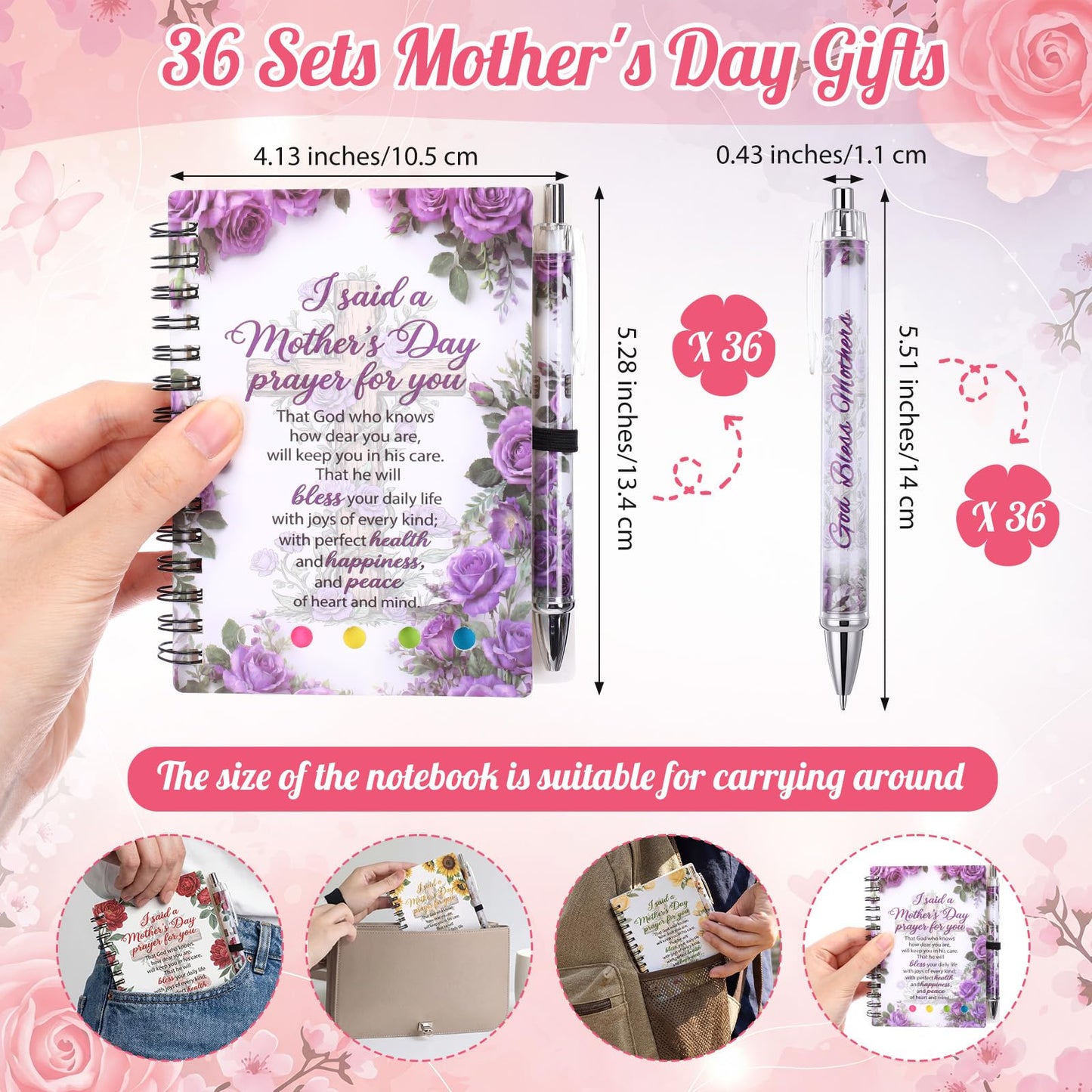 36 Set Mother's Day Christian Gifts Bulk Mother's Day Prayer Spiral Notebooks Floral Bible Verse Ballpoint Pens with Scripture Words Religious Faith Church Gifts for Mom Women Blank Books