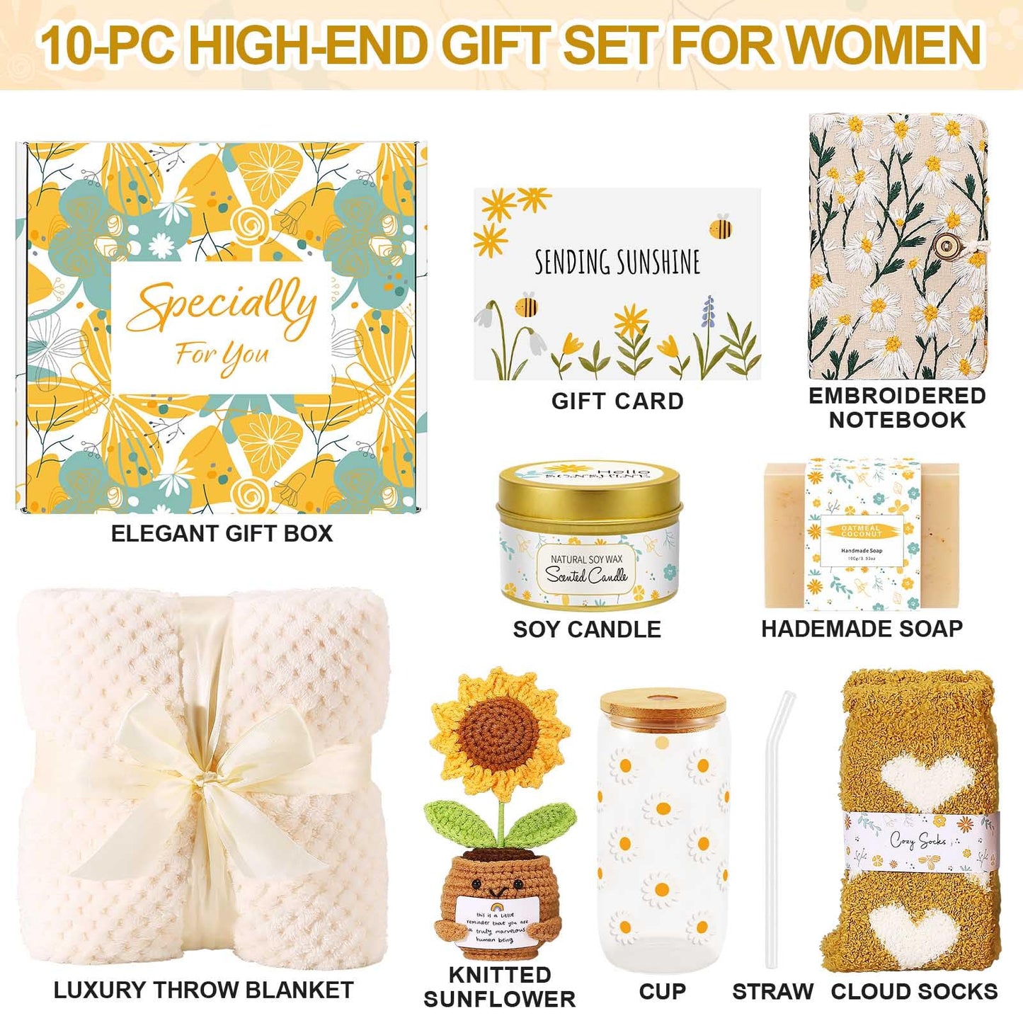 Self Care Gifts for Women Gift Baskets，Sending Sunshine Thinking of You Care Package Spa Gift Sets, Mothers Day Birthday Gifts for Women Mom Sister Wife Grandma Best Friends Her - Ivory
