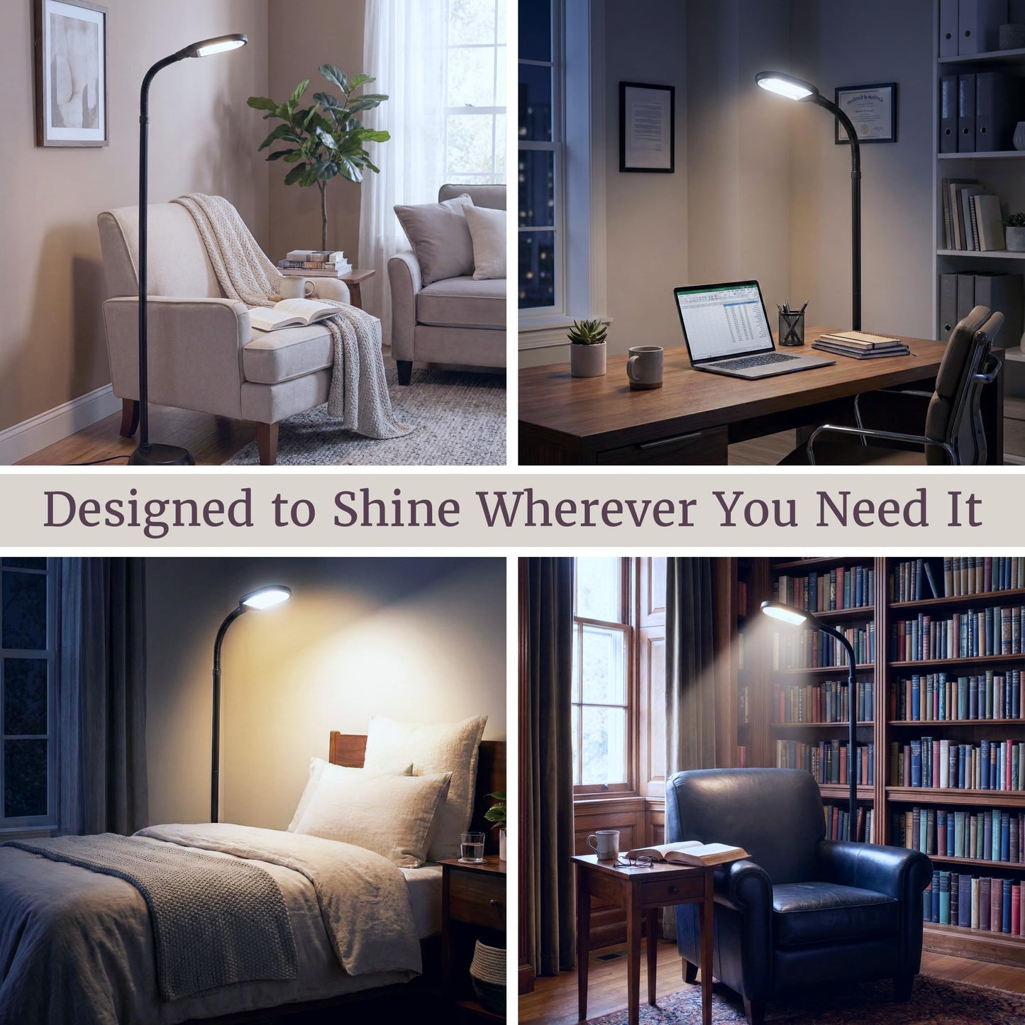 Lavish Home Adjustable LED Floor Lamp with Bendable Neck - Full Spectrum Natural Sunlight LED Lamp for Bedroom and Living Room - Reading, Craft, and Esthetician Light (Black)