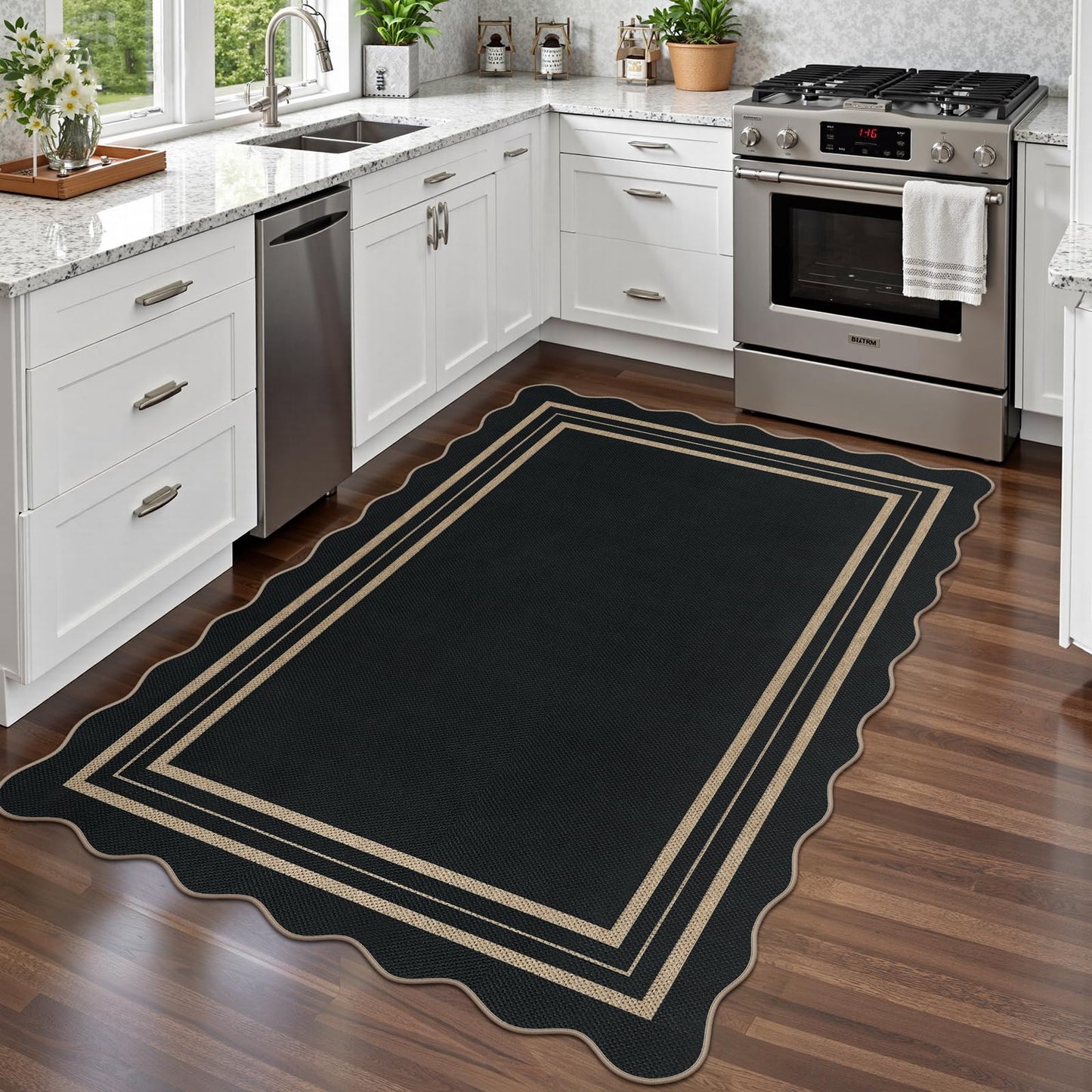 LORWER Modern Easy Jute 4x6 Outdoor Patio Rug, Washable Indoor Black Kitchen Rugs Farmhouse Neutral Non Slip Area Rug for Living Room Backyard Bedroom
