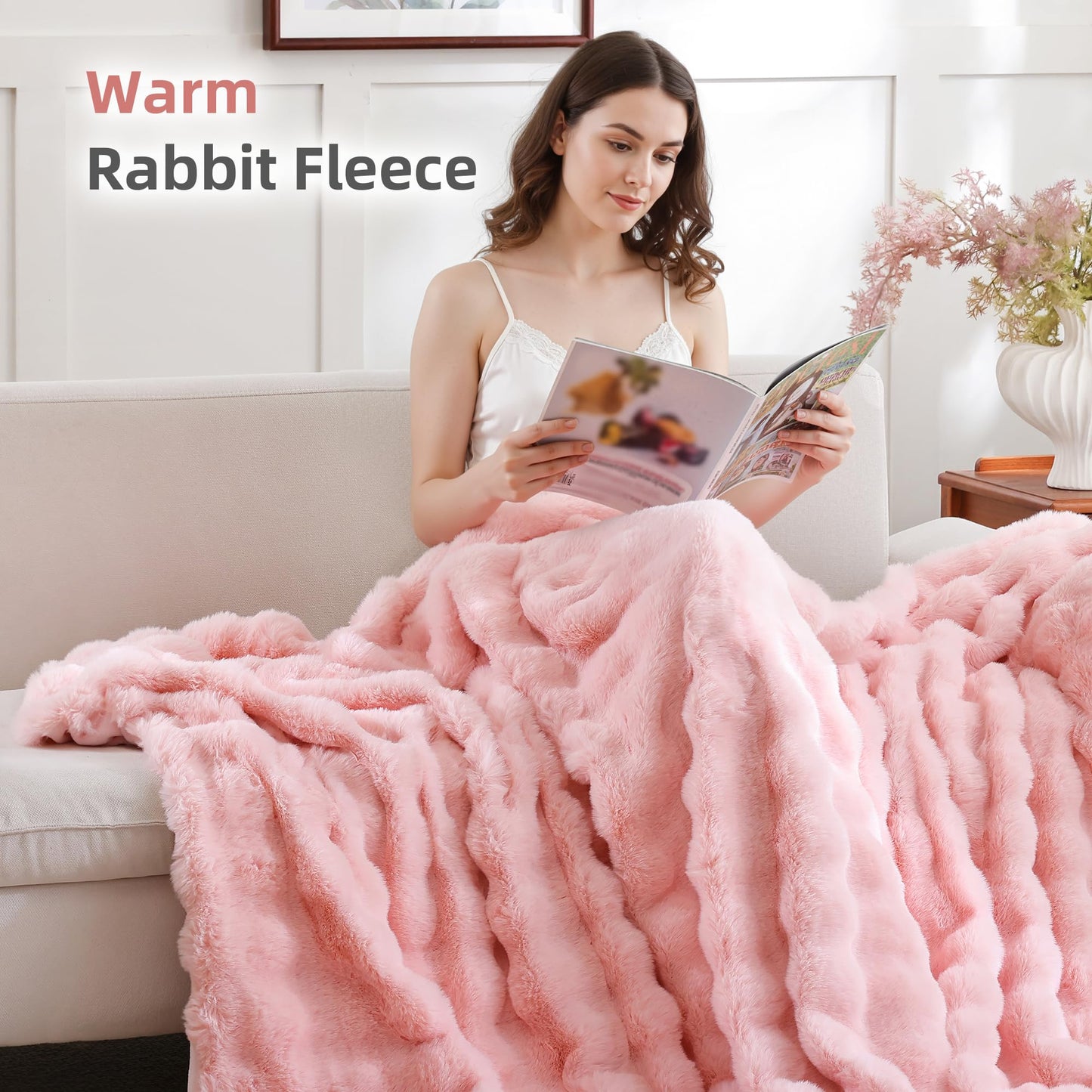 Smoofy Faux Fur Throw Blanket for Couch - Blush Pink Super Soft Cozy Bubble Blanket, Fluffy Plush Fuzzy Throw for Sofa & Bed, Thick Lightweight Warm Blanket, Luxury Aesthetic Gift for Women 50"x60"