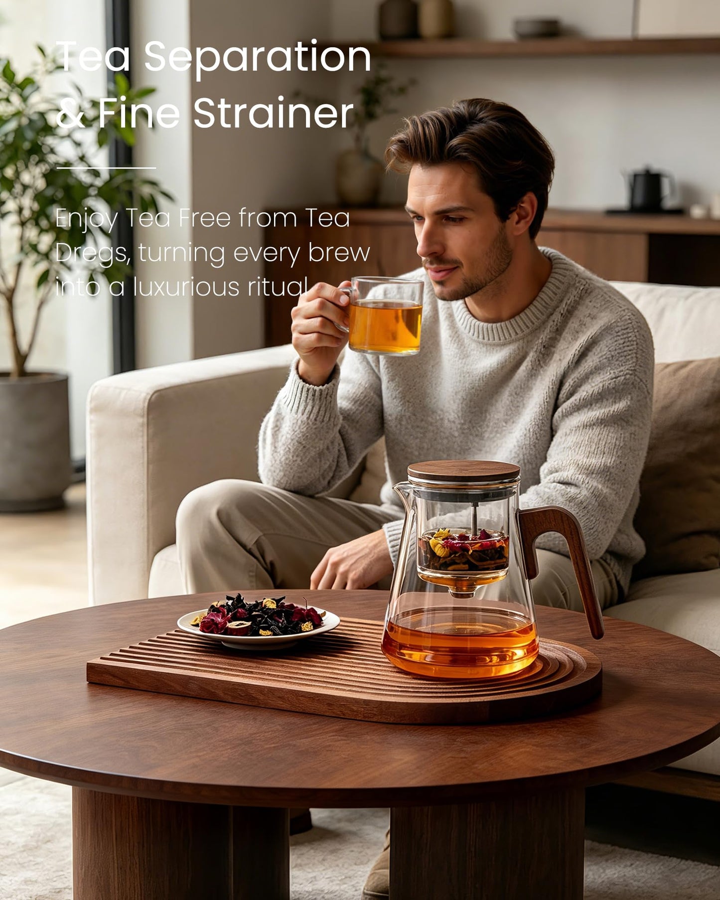 ZENS Magnetic Tea Pot, Enchanted Glass Teapot with Infuser and Magnetic Suction Lid for Mess-Free Loose Tea Diffusers, Walnut Wood Handle, Tea Lovers Gifts