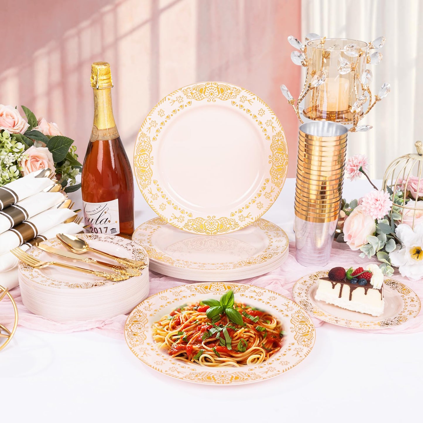 GATHER 350PCS Pink and Gold Plastic Plates - Gold Disposable Dinnerware Set Include 50 Dinner Plates, 50 Dessert Plates, 150 Plastic Silverware, 50 Napkins, 50 Cups for Wedding