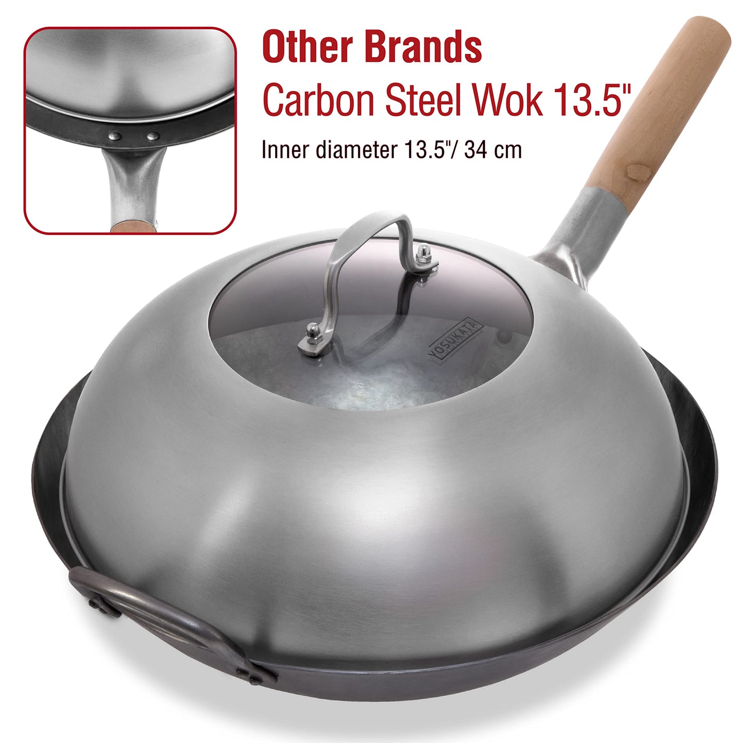 YOSUKATA Wok Lid 12.8 In for 13.5-In Wok - Premium Stainless Steel Cover with Tempered Glass Insert Steam Holes and Ergonomic Handle - Durable Stainless Steel Accessories - Dishwasher-Safe