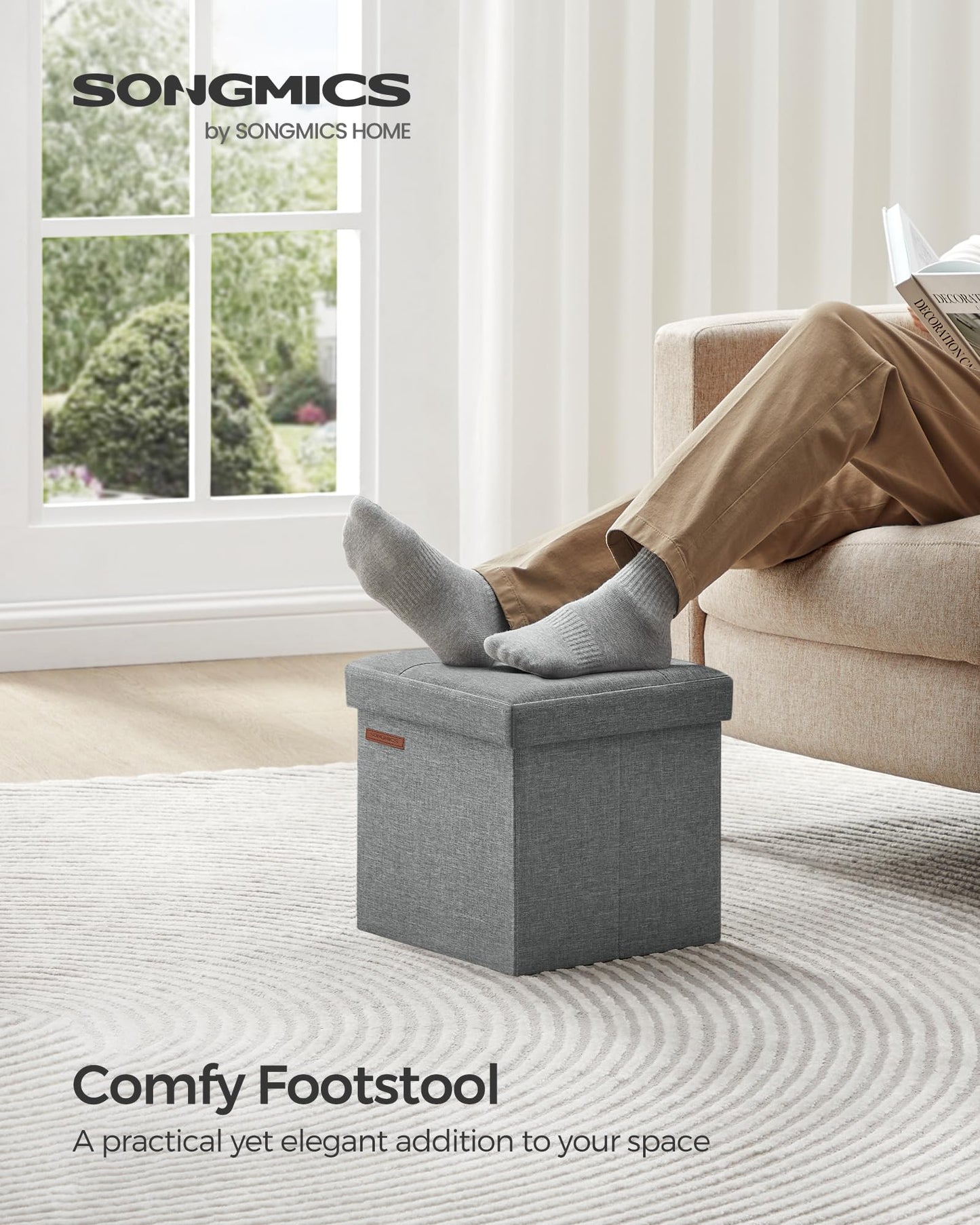 SONGMICS Storage Ottoman, Foldable Small Ottoman Foot Rest, 11.8 Inches Foot Stool, Cube Ottoman with Storage, Load up to 286 lb, for Living Room, Bedroom, Dorm, Light Gray ULSF028G02