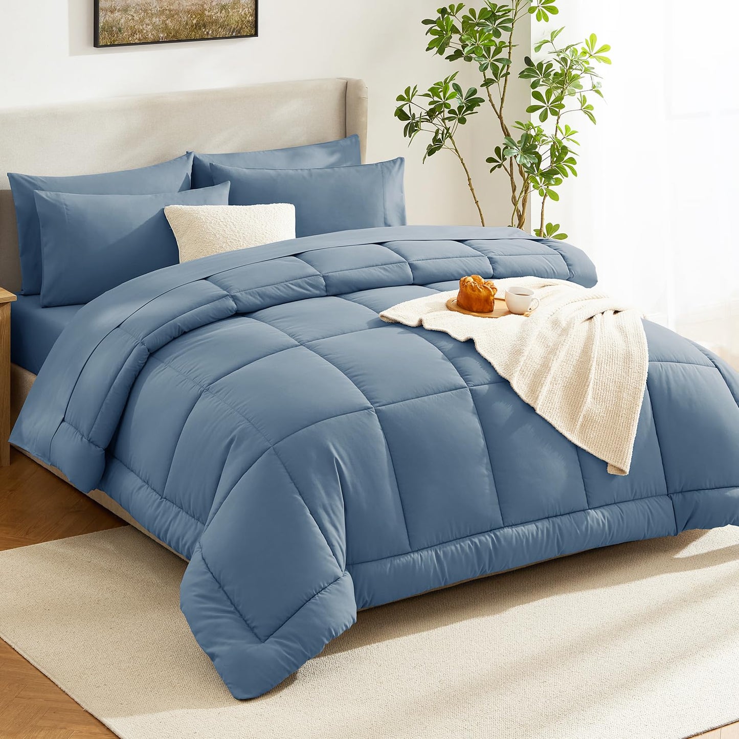 CozyLux Twin Comforter Set with Sheets Dusty Blue, 5 Pieces Bed in a Bag, Grayish Blue Comforter Twin Size, All Season Bedding Set with Stitch Quilted Comforter, Flat Sheet, Fitted Sheet, Pillowcases