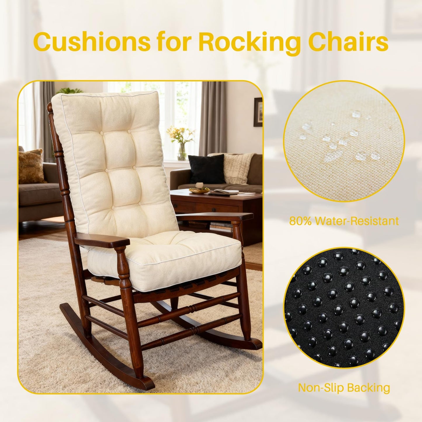 YZ HOME Rocking Chair Cushion, Set of Thicken Seat & Back Chair Cushions with Memory Foam, Non-Slip Chair Pad with Ties for for Indoor&Outdoor Rocker, Beige, 22x17x5/17x17x5