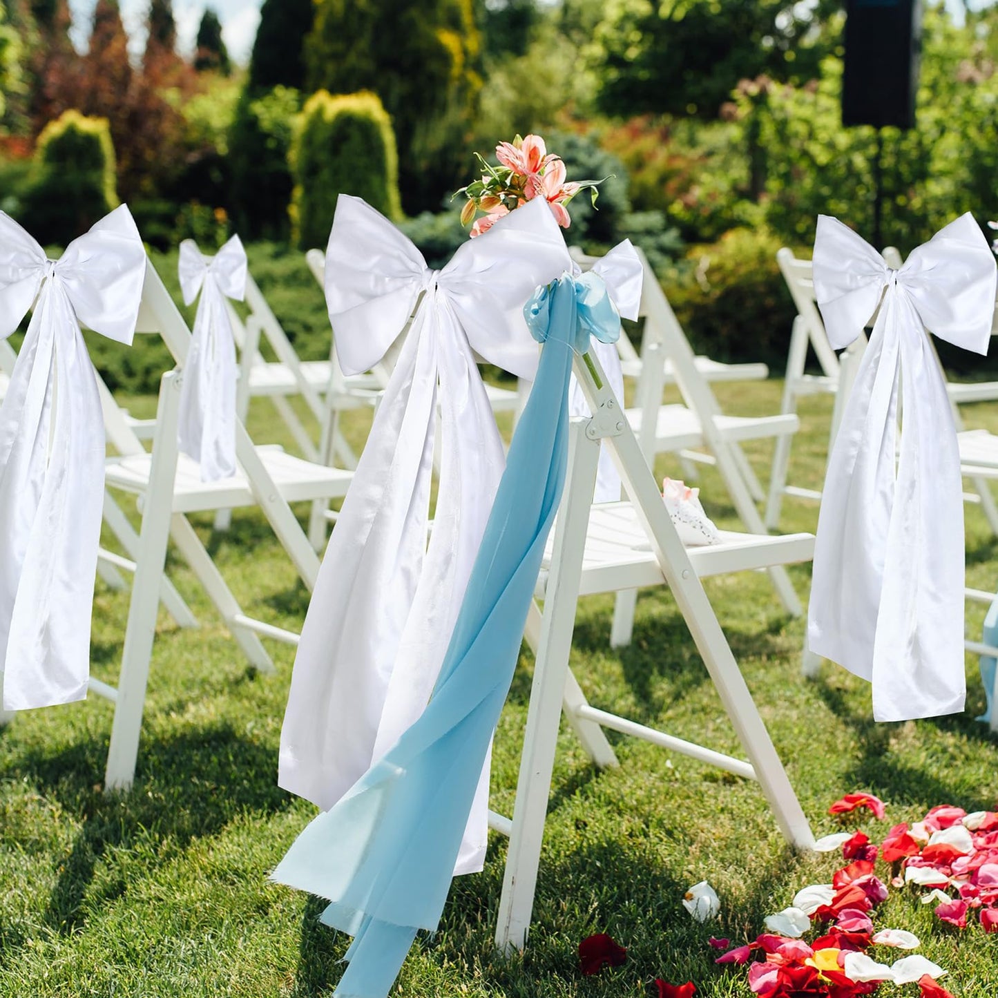 Knitgrip Large Wedding Pew Bows with Long Tails 12 x 29.5 Inch Wedding Aisle Decorations Bows Satin Ribbon Background Decor for Bridal Shower Reception Ceremony(White,12 Pcs)