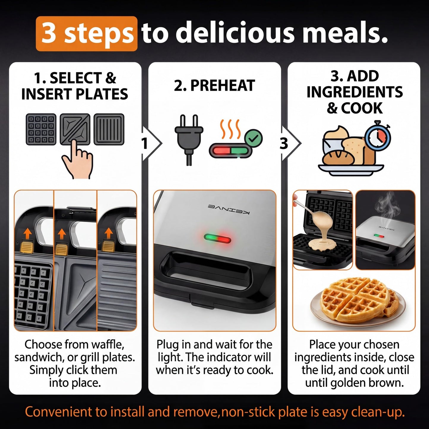KEINVE 3-in-1 Sandwich Maker, Waffle Maker and Panini Press Grill, 800W Electric Breakfast Machine with 3 Detachable Non-Stick Plates, LED Indicator Lights, Cool Touch Handle with Latch, Black