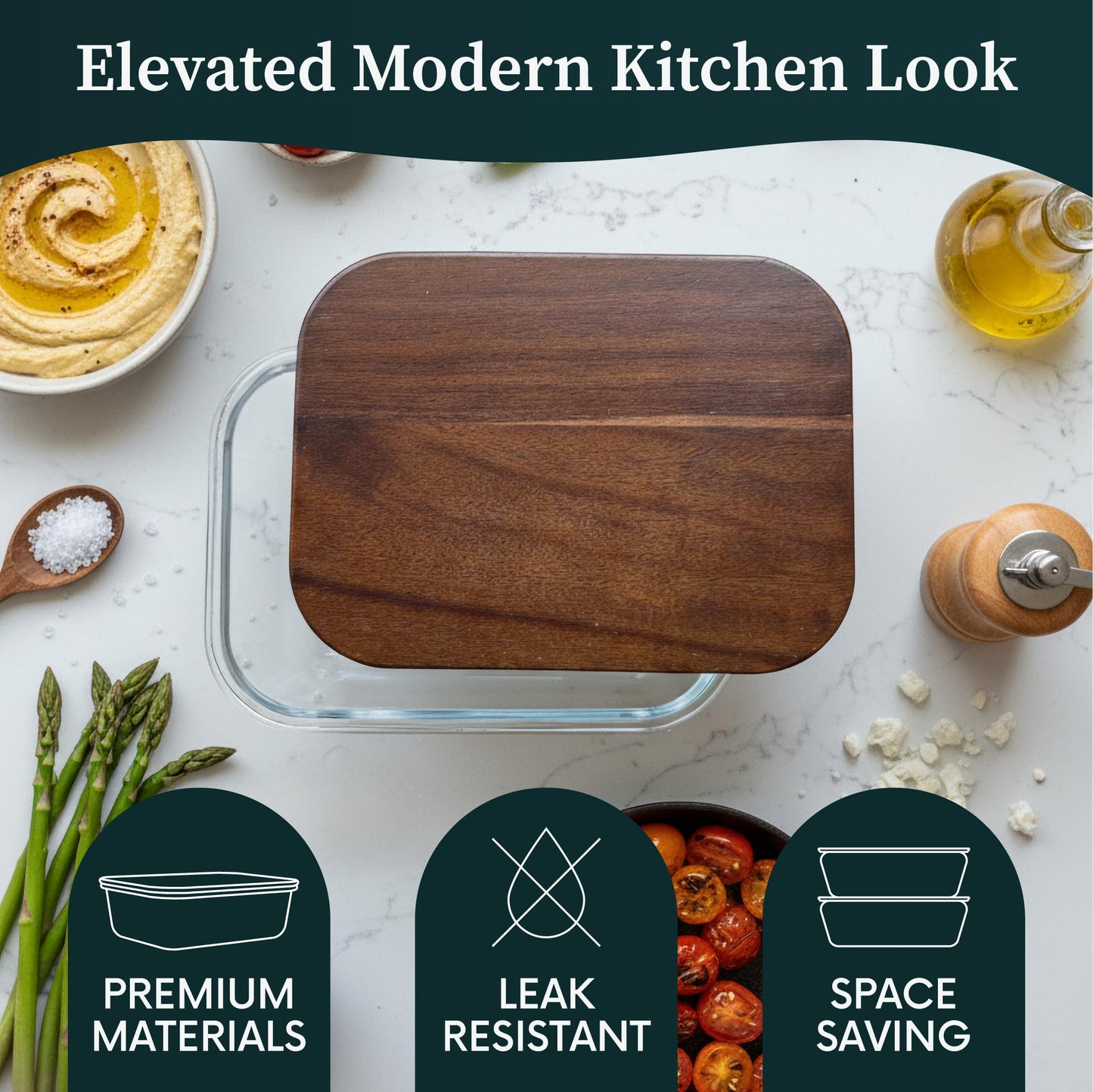 Verdara 5-Piece Borosilicate Glass Food Storage Containers with Acacia Wood Lids — 35 oz Rectangular Meal Prep & Leftovers Set, Oven, Freezer & Microwave Safe, Plastic-Free