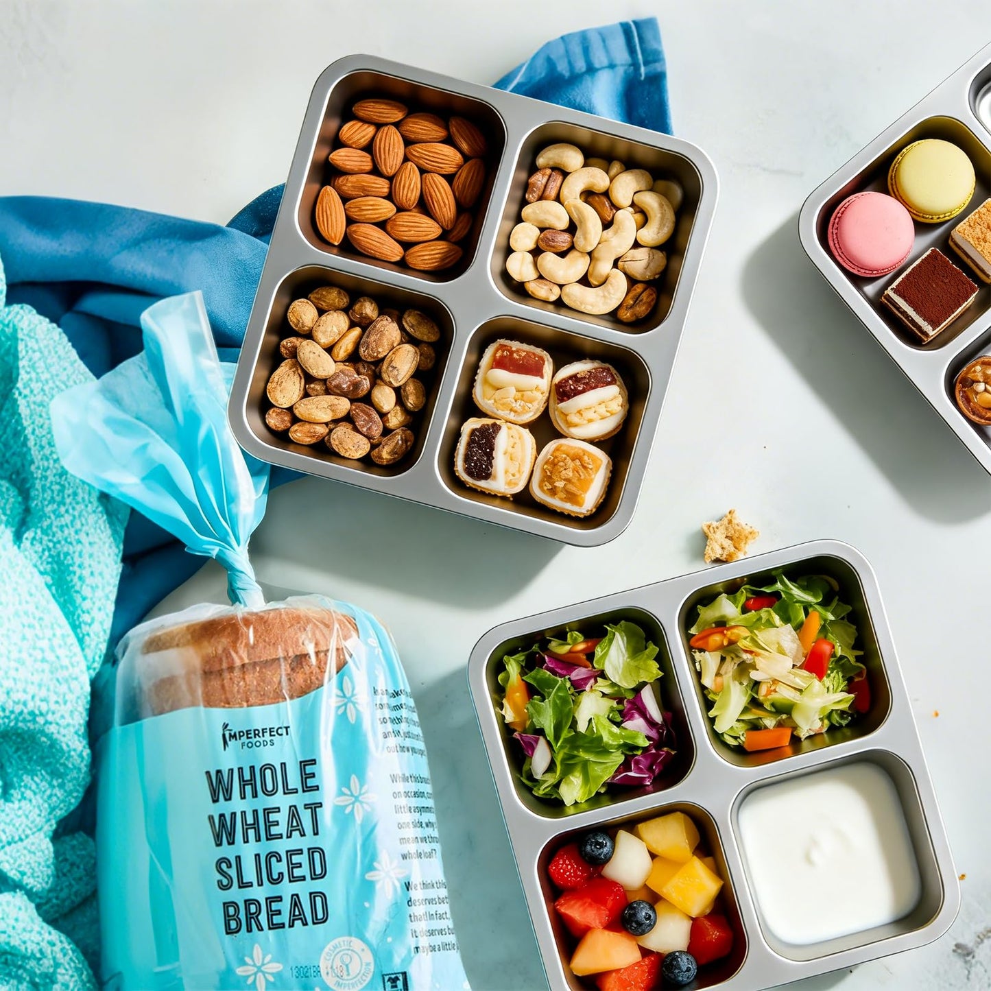 EC-Gaze 3 Pack Stainless Steel 4 Compartment Snack Containers with Lids, Reusable Divided Lunch & Food Storage Containers for Work, Travel (Pink, Yellow, Blue)