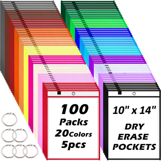 100 Packs Oversized Reusable Dry Erase Pocket Sleeves with 6 Rings, 20 Assorted Colors 10x14 Ticket Holders, Clear Plastic Sheet Protectors, Teacher School Classroom Supplies