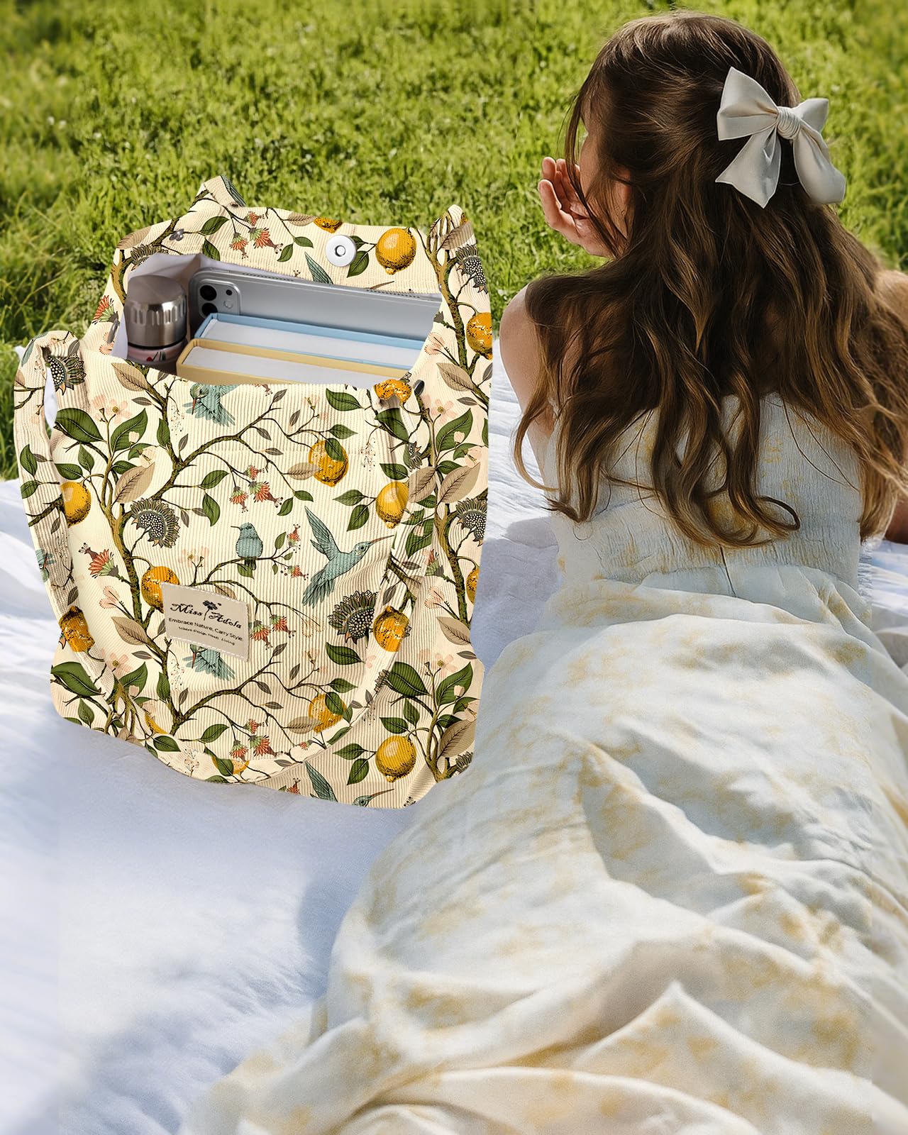 Miss Adola Corduroy Tote Bag for Women - Reusable Totes with Inner Pocket & Buckle Cute Aesthetic Design Cloth Shopping Grocery Shoulder Bag for Work Travel, Lemon Flower Bird