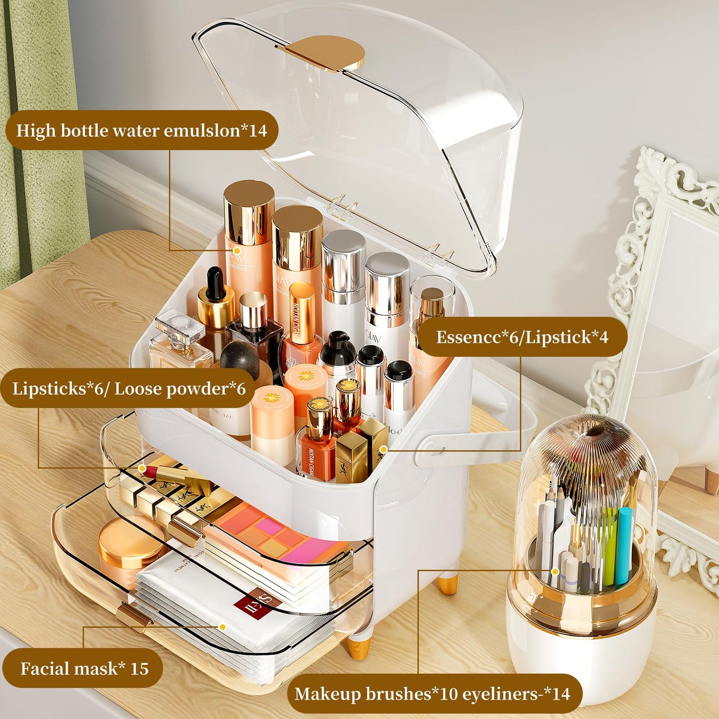 Makeup Organizer, Skincare Holder Bathroom Counter Organizer, Storage Box Cosmetic Display Cases, Teen Girl Gifts Trendy Stuff Make up Organizers for Vanity, Dresser, Countertop (Rose Gold)