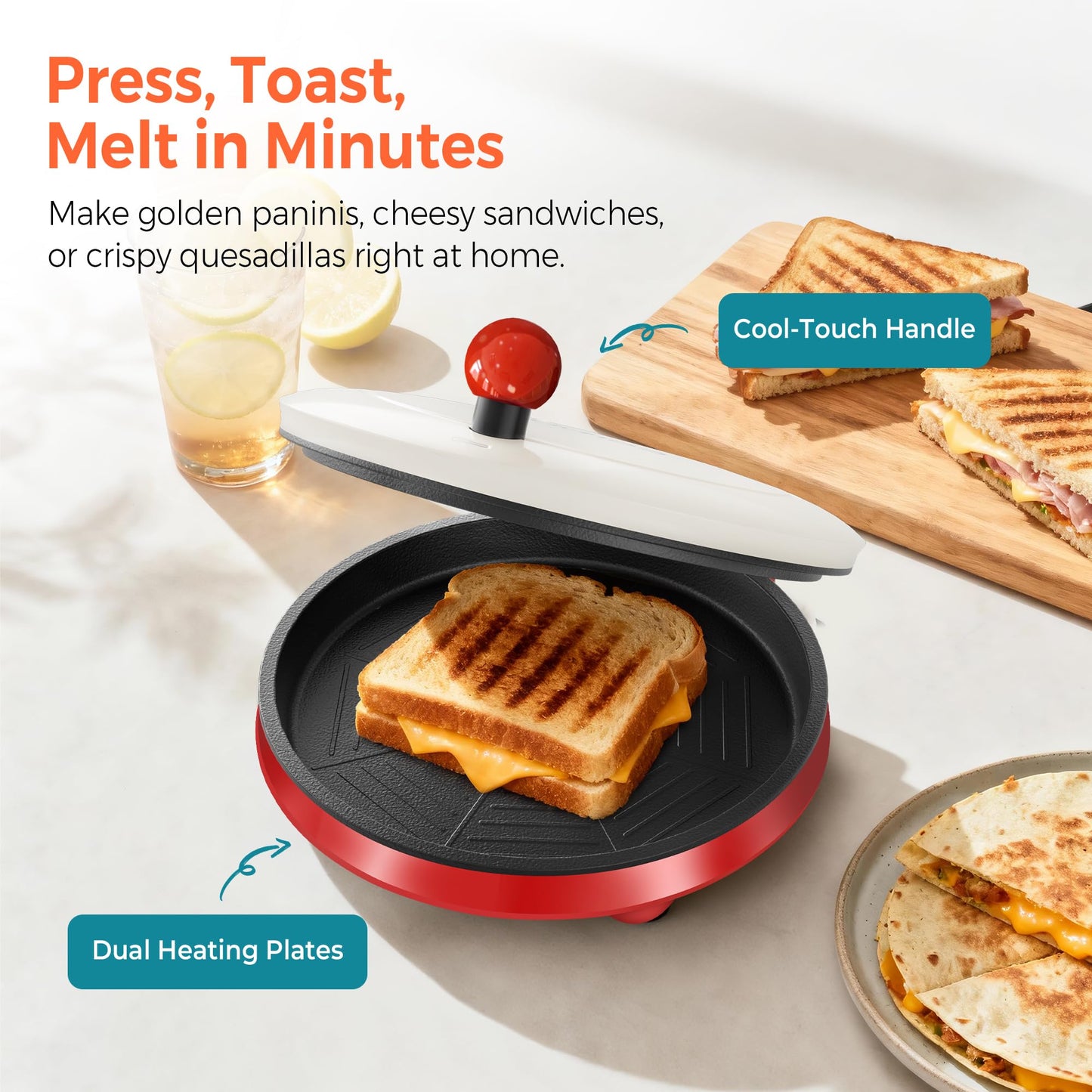 3-in-1 Electric Griddle & Sandwich Maker - CACHOO 8" Nonstick Round Griddle and Panini Press with On/Off Switch, 180° Open Design, Perfect for Pancakes, Omelettes, Quesadillas, Veggies (Red/Beige)