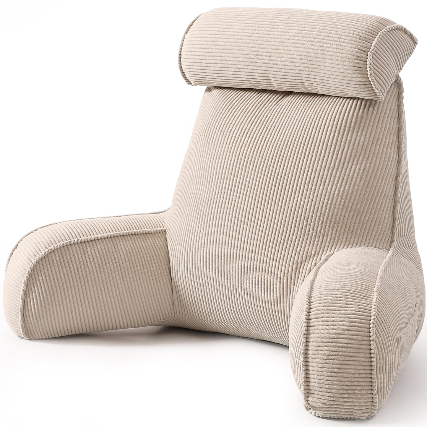 Ailuteie Reading Pillow for Sitting Up in Bed, Corduroy Backrest Pillow with Arms, Side Pocket & Washable Cover, Bed Rest Pillow Back Support for Adults, Beige Gray