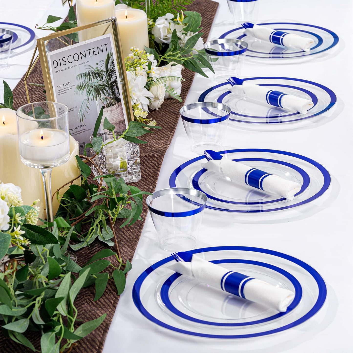 I00000 350 Pcs Dark Blue Plastic Plates,Clear Disposable Plates for 50 Guests,Blue Dinnerware Include 50 Dinner Plate 50 Dessert Plate,50 Cups,50 Pre Rolled Napkins with Cutlery Set for Party,Wedding
