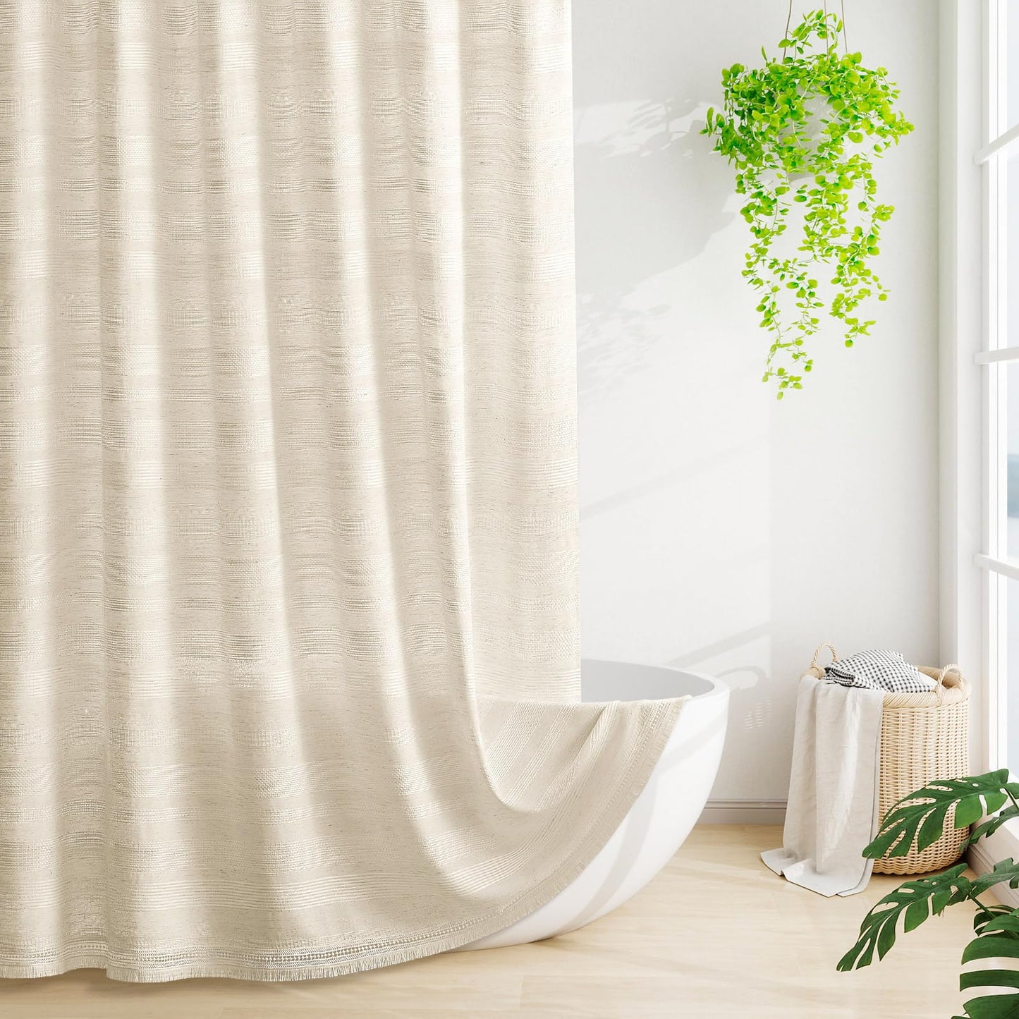 Craidlela Boho Farmhouse Shower Curtain Set with Tassel, Linen Bohemian French Country Chic Bathroom Shower Curtain Set, Modern Striped Textured Shower Curtain 72x72 - Beige/Cream